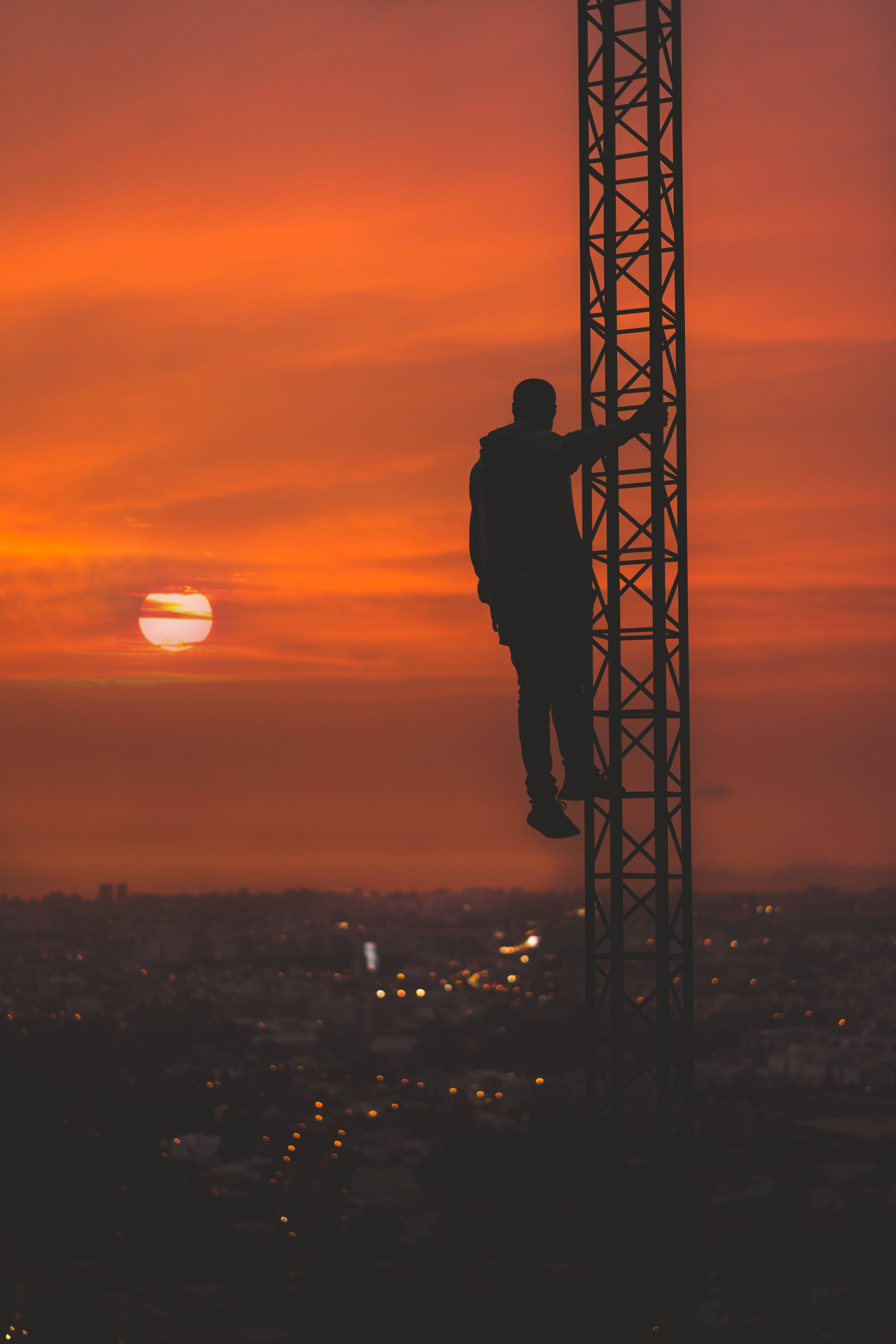 No Man's Sky, metal tower, fiery orange sunset, 5K Phone Wallpaper