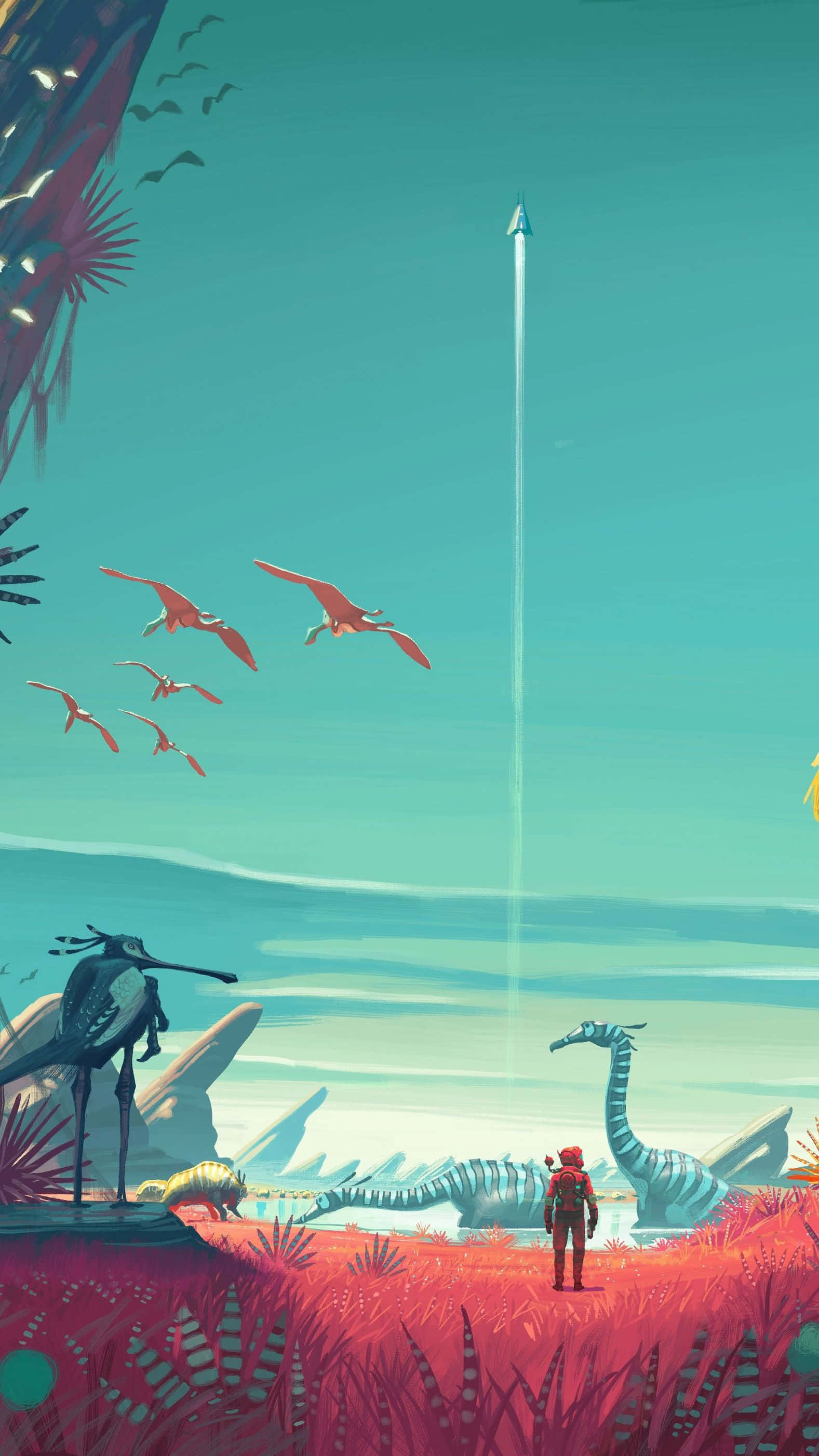No Man's Sky, red suit, vibrant alien field, 2K Phone Wallpaper