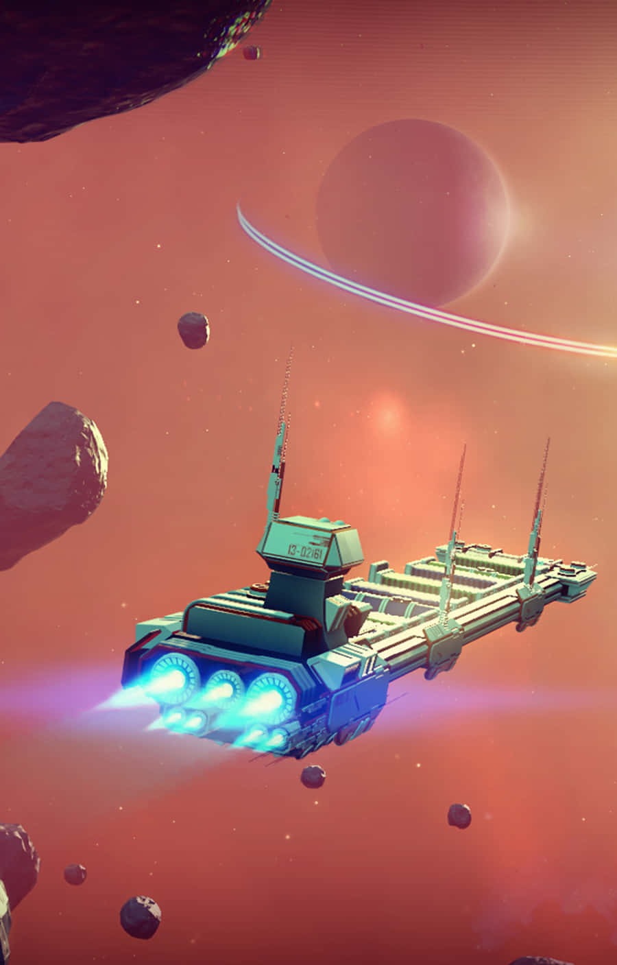 No Man's Sky, glowing blue engines, vibrant red asteroid field, HD Phone Wallpaper
