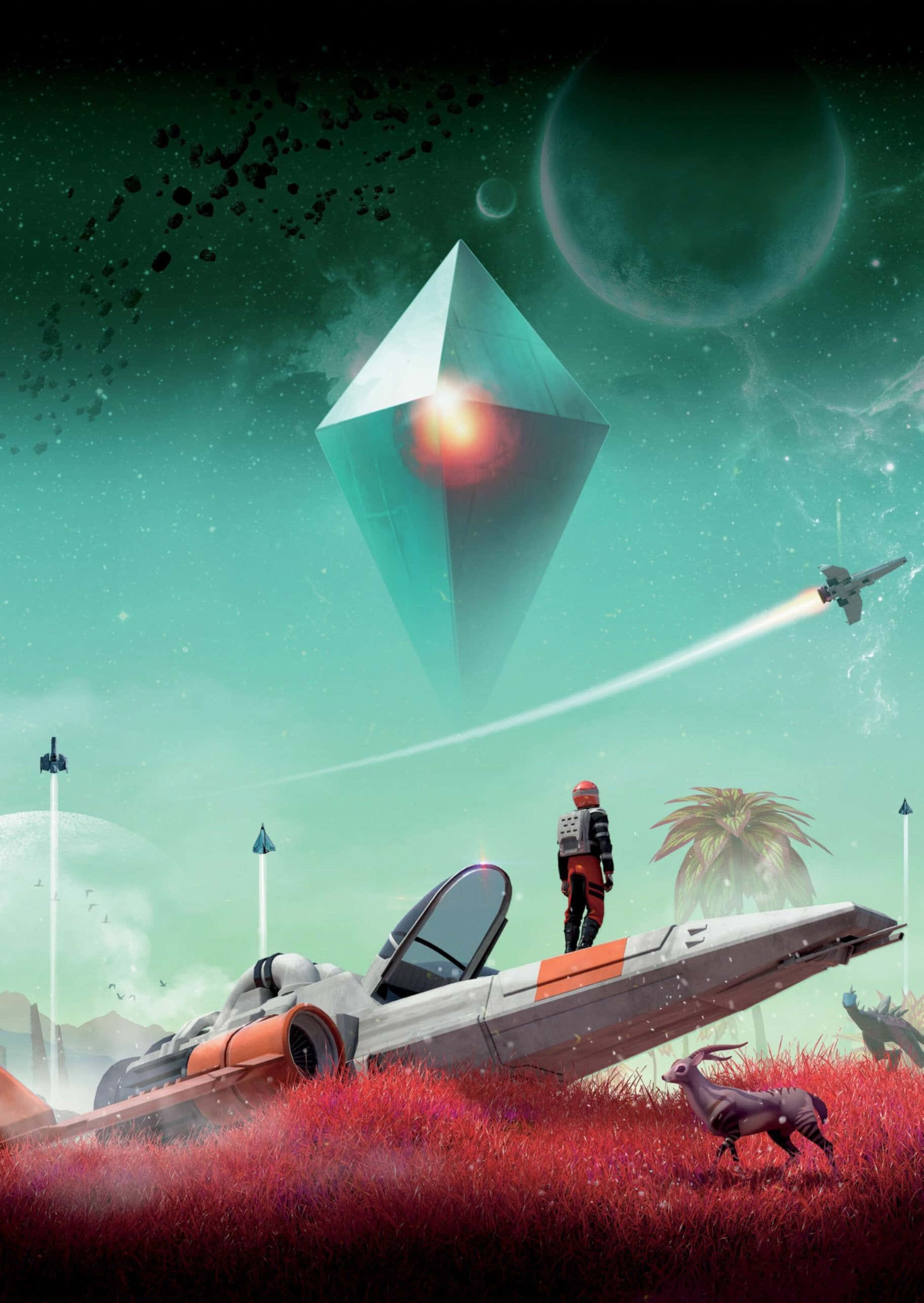 No Man's Sky, astronaut, red grassy alien planet, 2K Phone Wallpaper