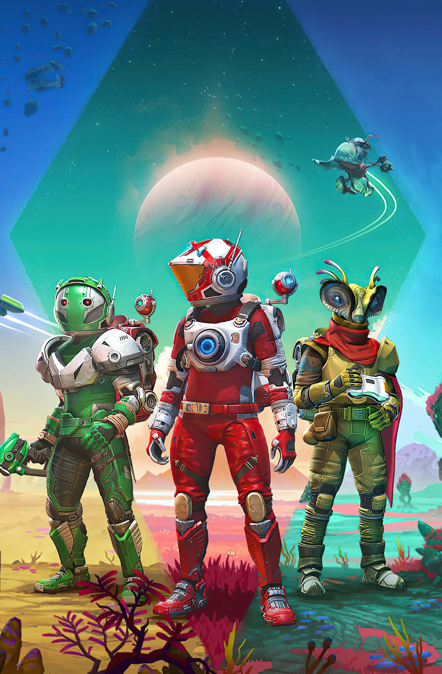 No Man's Sky, alien astronauts, colorful suits, Full HD Phone Wallpaper