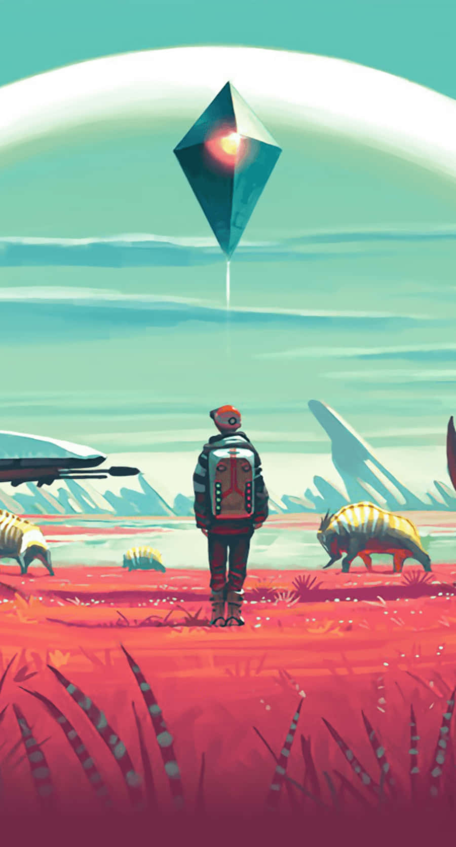 No Man's Sky, futuristic suit, red alien plain, HD Phone Wallpaper