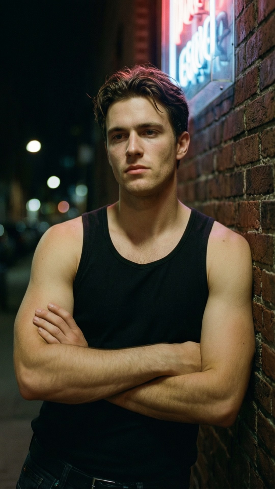 Noah Beck, neon glow, brick wall, Full HD Phone Wallpaper