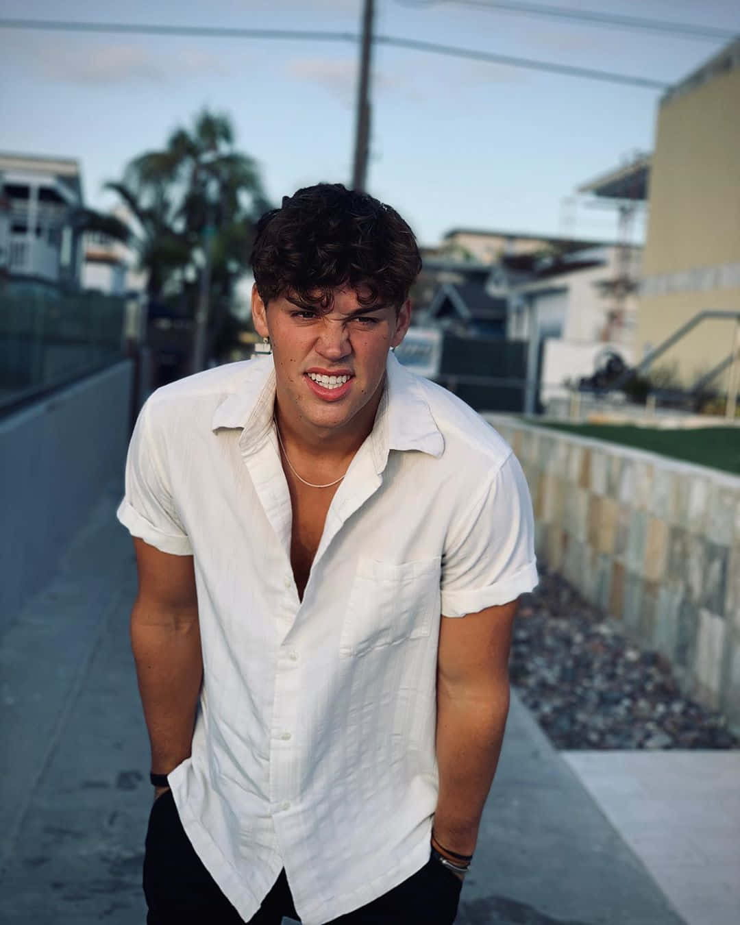 Noah Beck, white shirt, sunlit urban alleyway, HD Phone Wallpaper