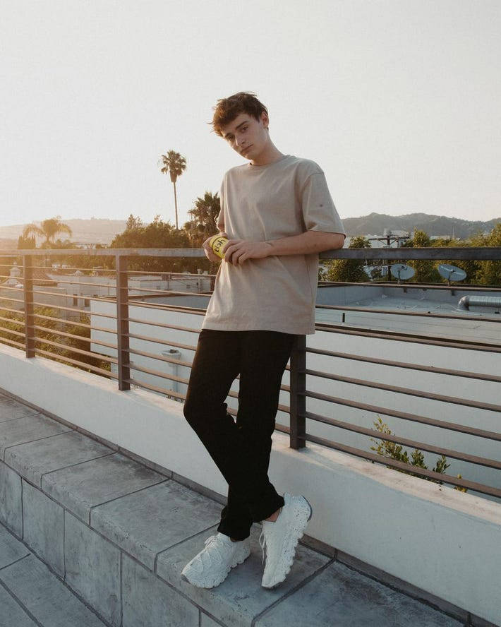 Noah Schnapp, rooftop railing, urban landscape, SD Phone Wallpaper