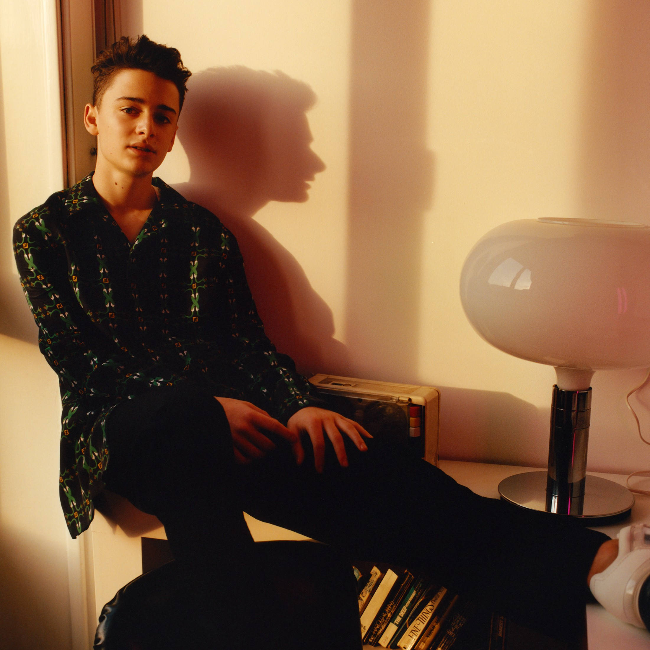 Noah Schnapp, aesthetic room, patterned shirt, Full HD Phone Wallpaper