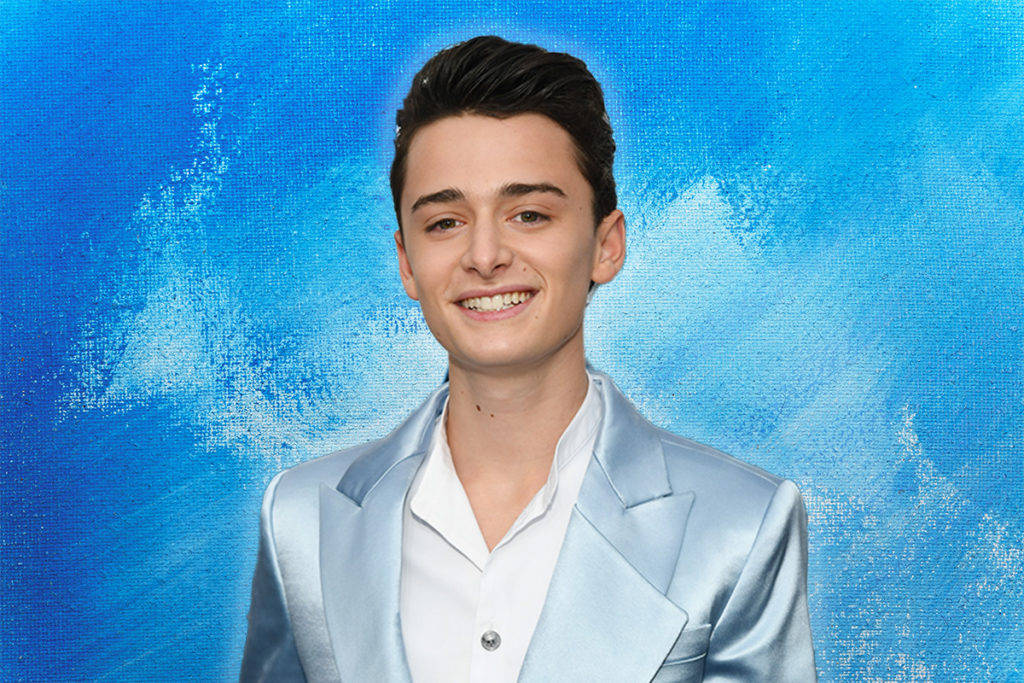 Noah Schnapp, light blue suit, textured blue background, SD Desktop Wallpaper