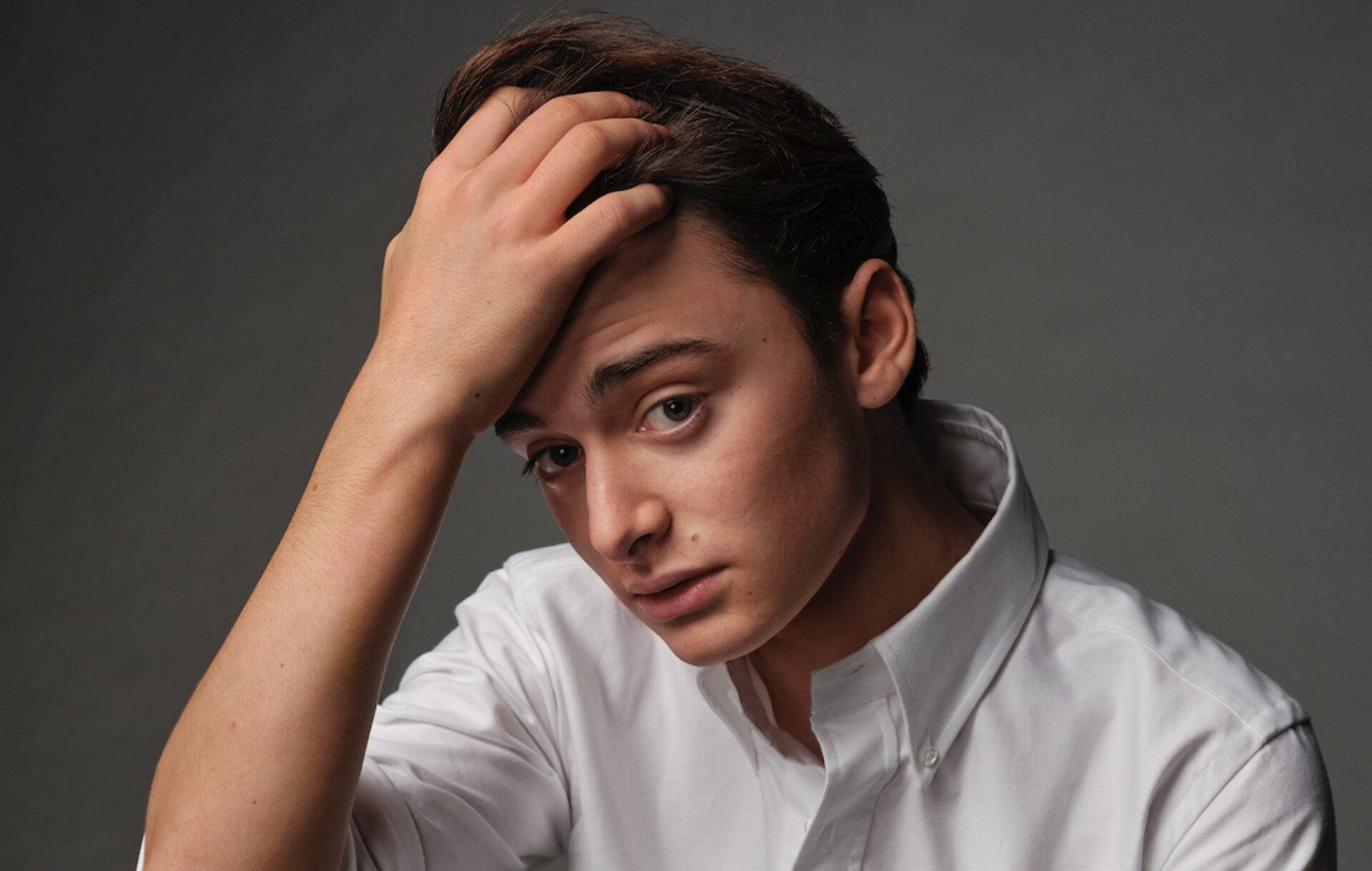 Noah Schnapp, white shirt, dark hair, Full HD Desktop Wallpaper