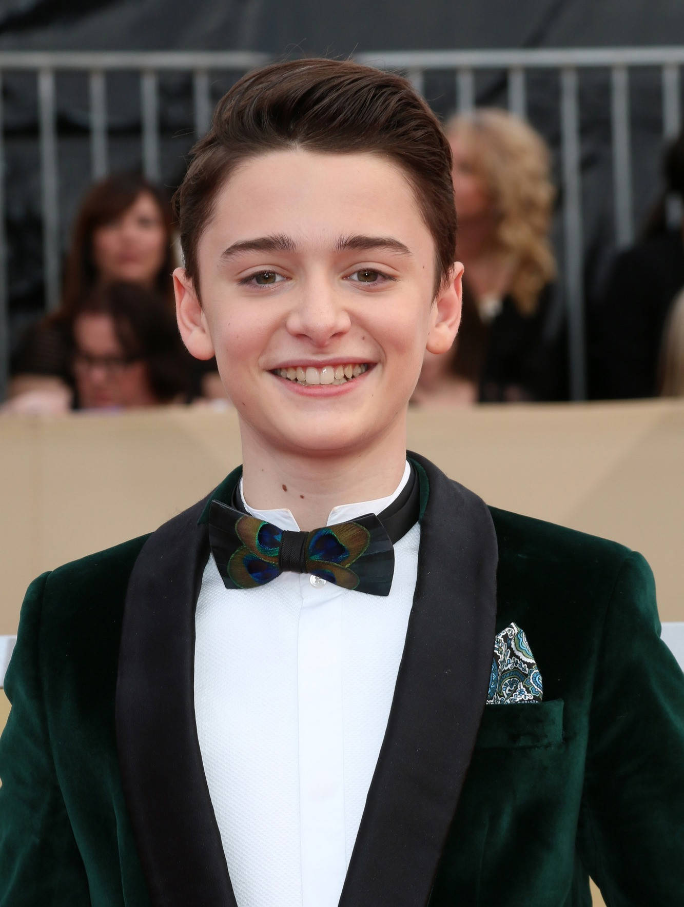 Noah Schnapp, green velvet tuxedo, peacock feather bow tie, HD Phone Wallpaper