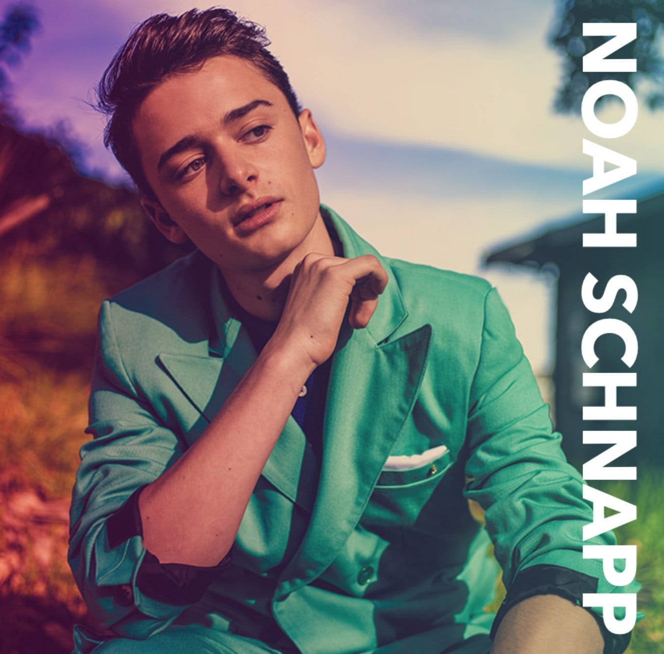 Noah Schnapp, vibrant green suit, colorful sky, HD Desktop Wallpaper