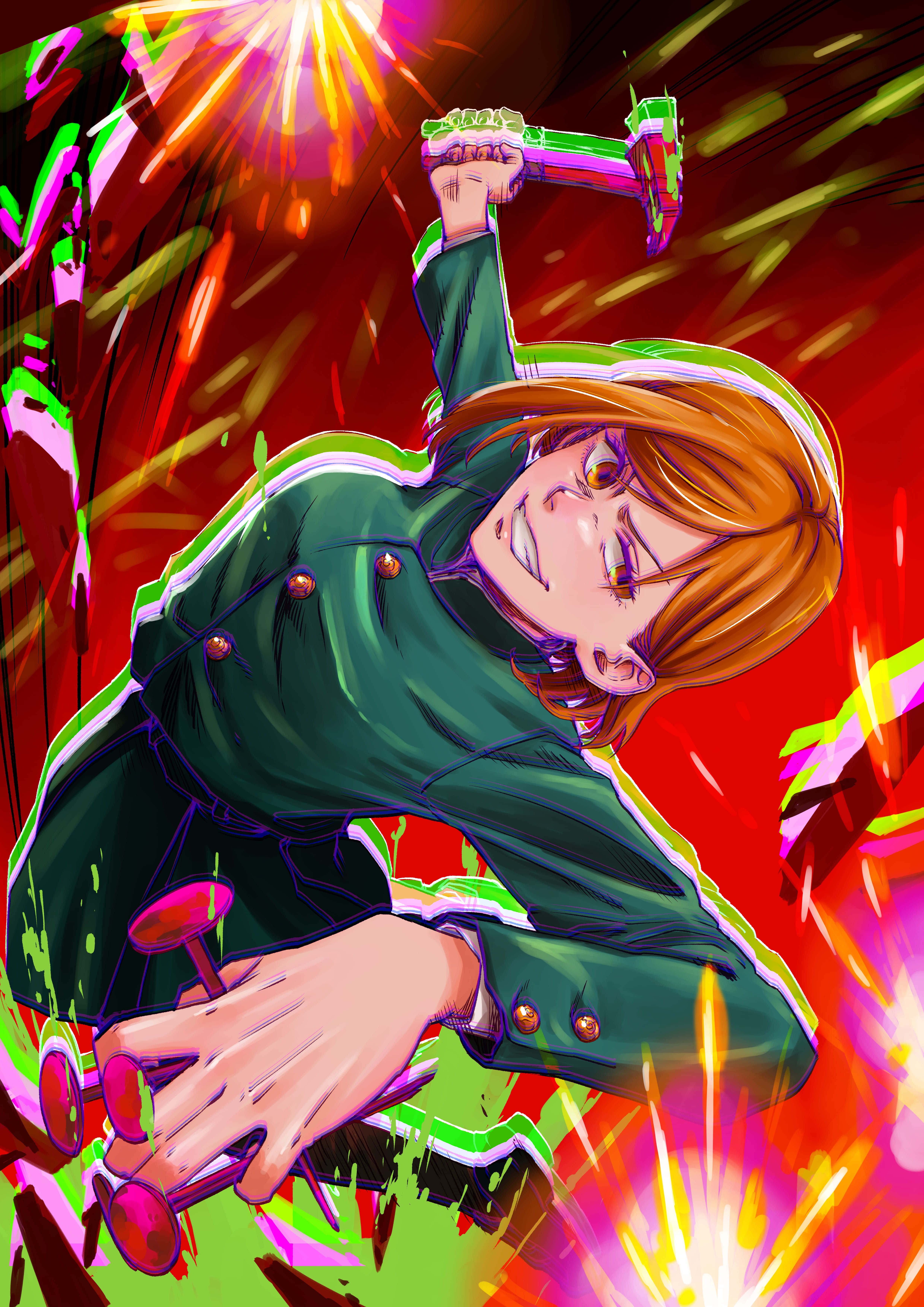 Nobara Kugisaki, green uniform, glowing weapon, 5K Phone Wallpaper