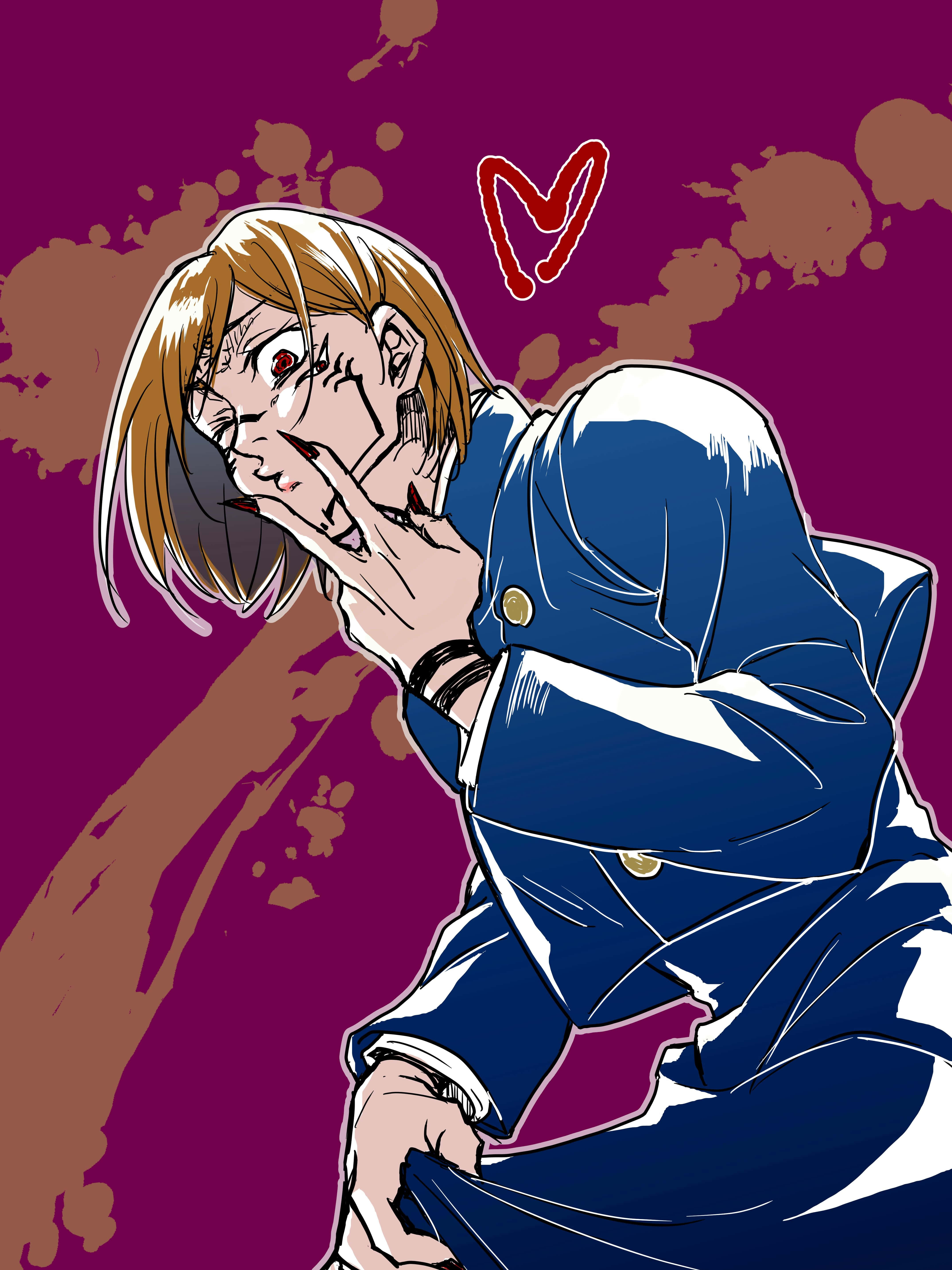 Nobara Kugisaki, blue uniform, maroon background, 5K Phone Wallpaper