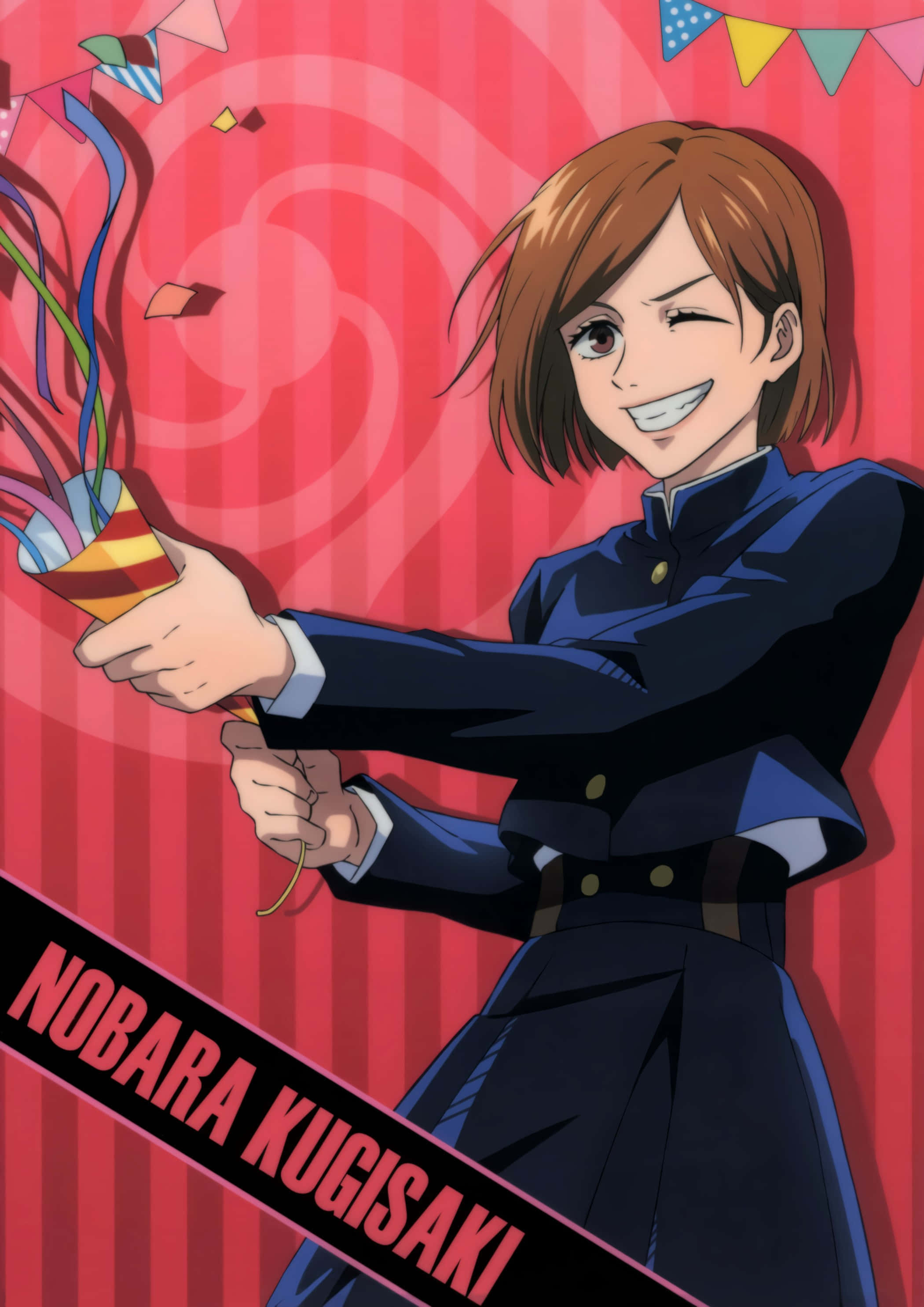 Nobara Kugisaki, dark uniform, colorful party popper, 2K Phone Wallpaper