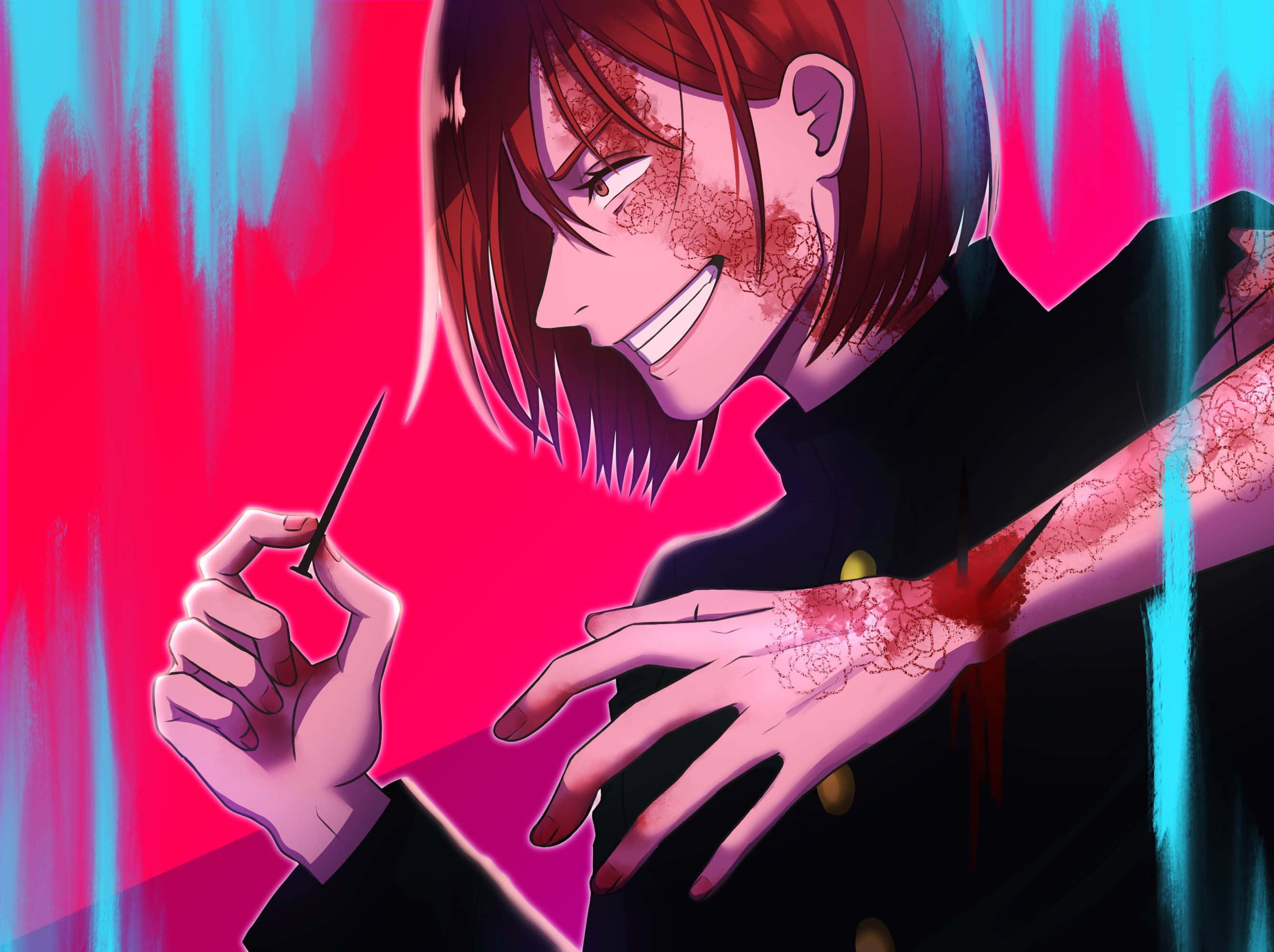 Nobara Kugisaki, red hair, blood-like patterns, 2K Desktop Wallpaper