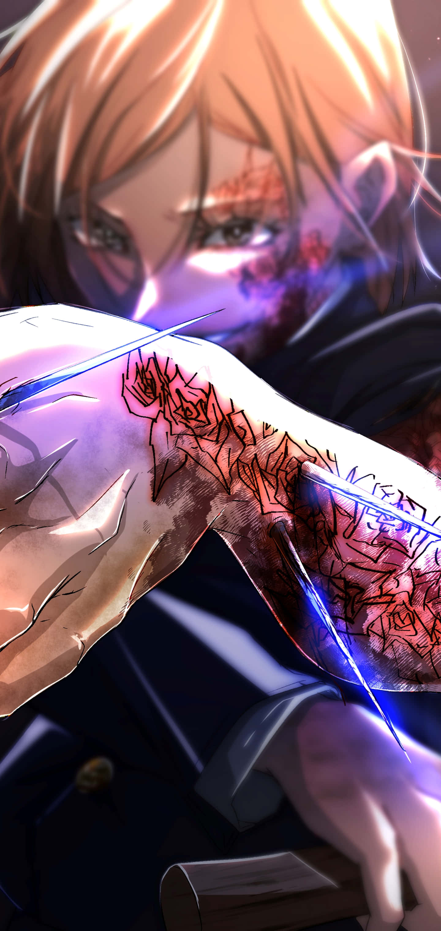 Nobara Kugisaki, glowing blue blades, glowing red patterned arm, 2K Phone Wallpaper