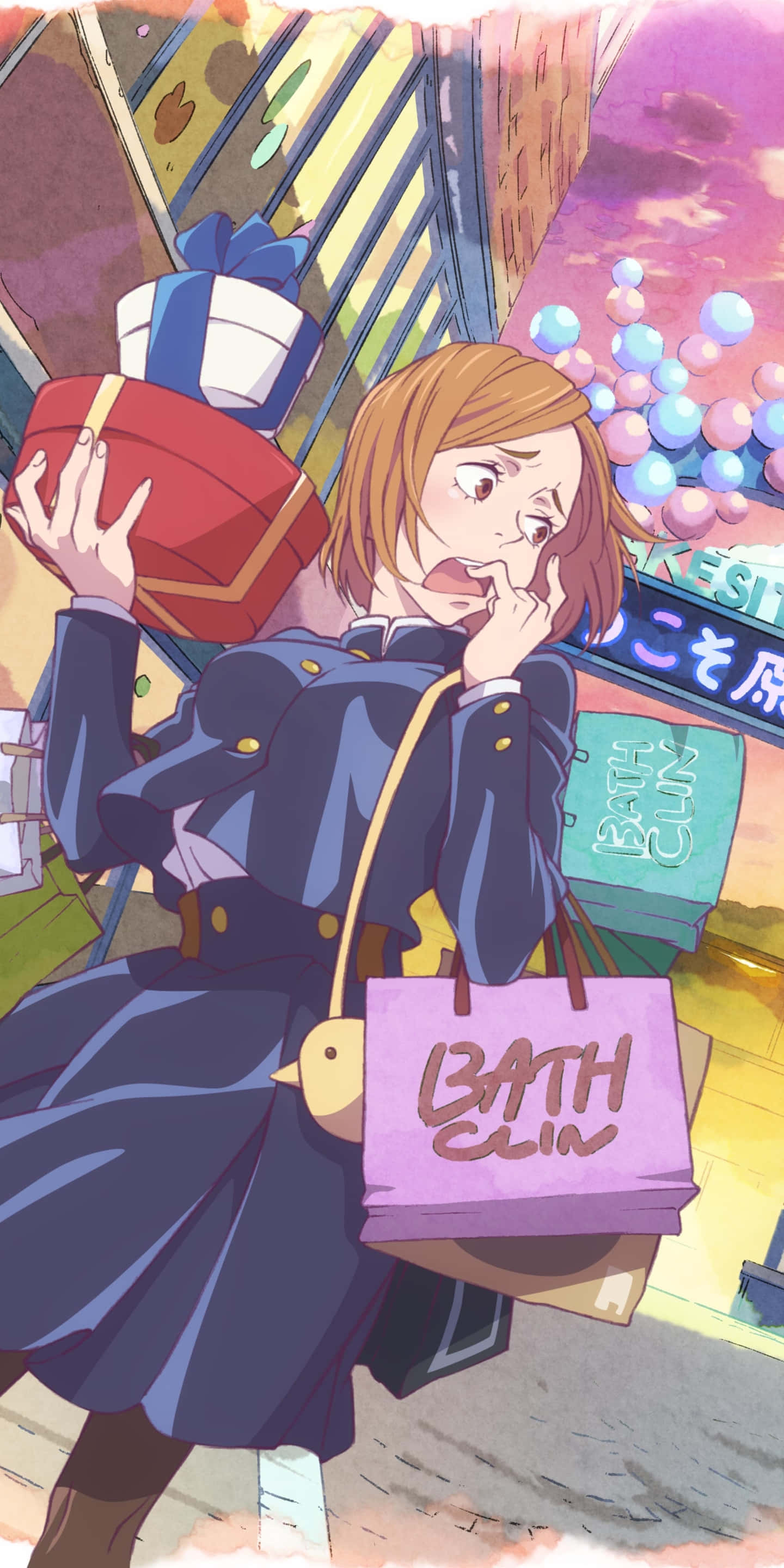 Nobara Kugisaki, school uniform, oversized shopping bags, 2K Phone Wallpaper
