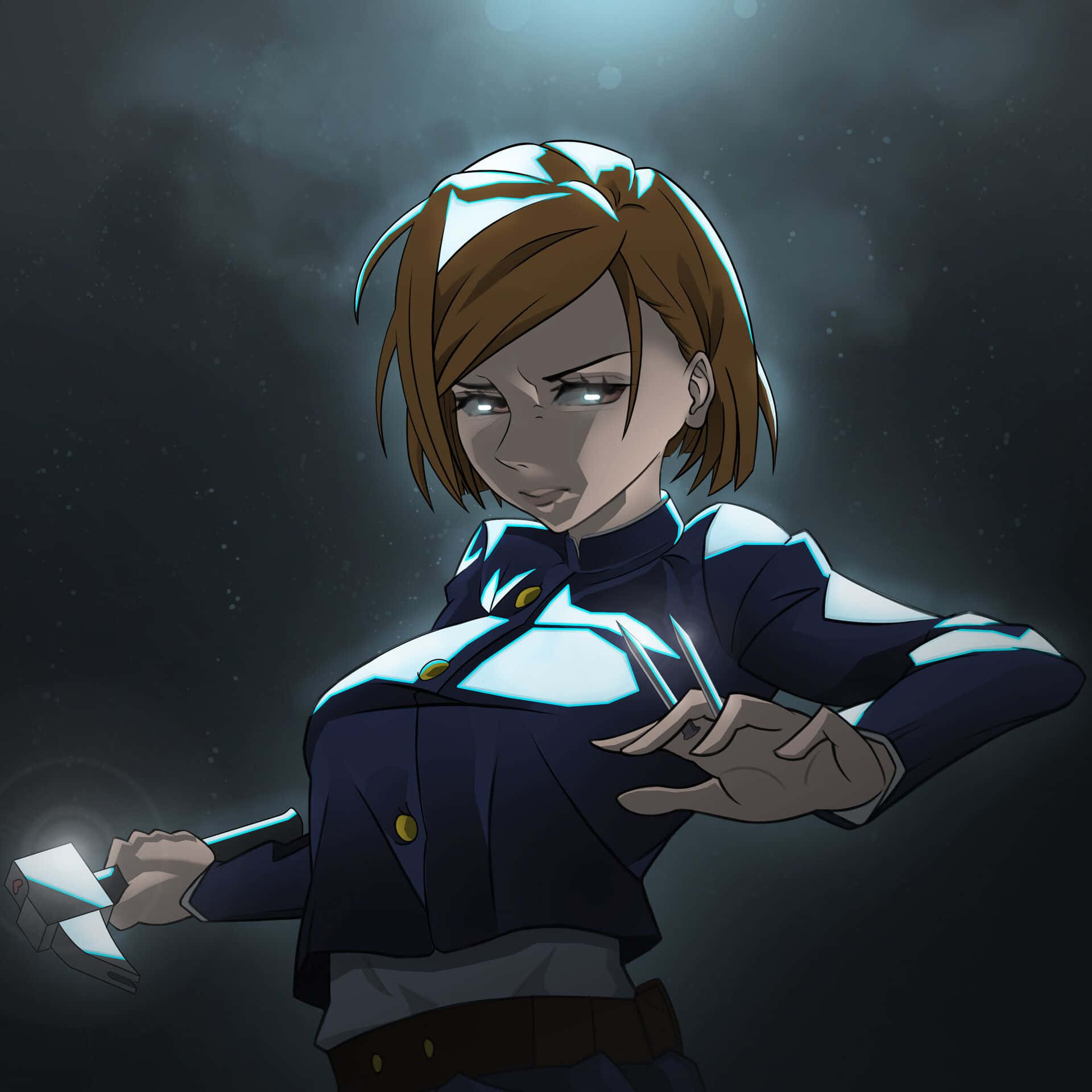 Nobara Kugisaki, glowing blue accents, hammer, Full HD Desktop Wallpaper