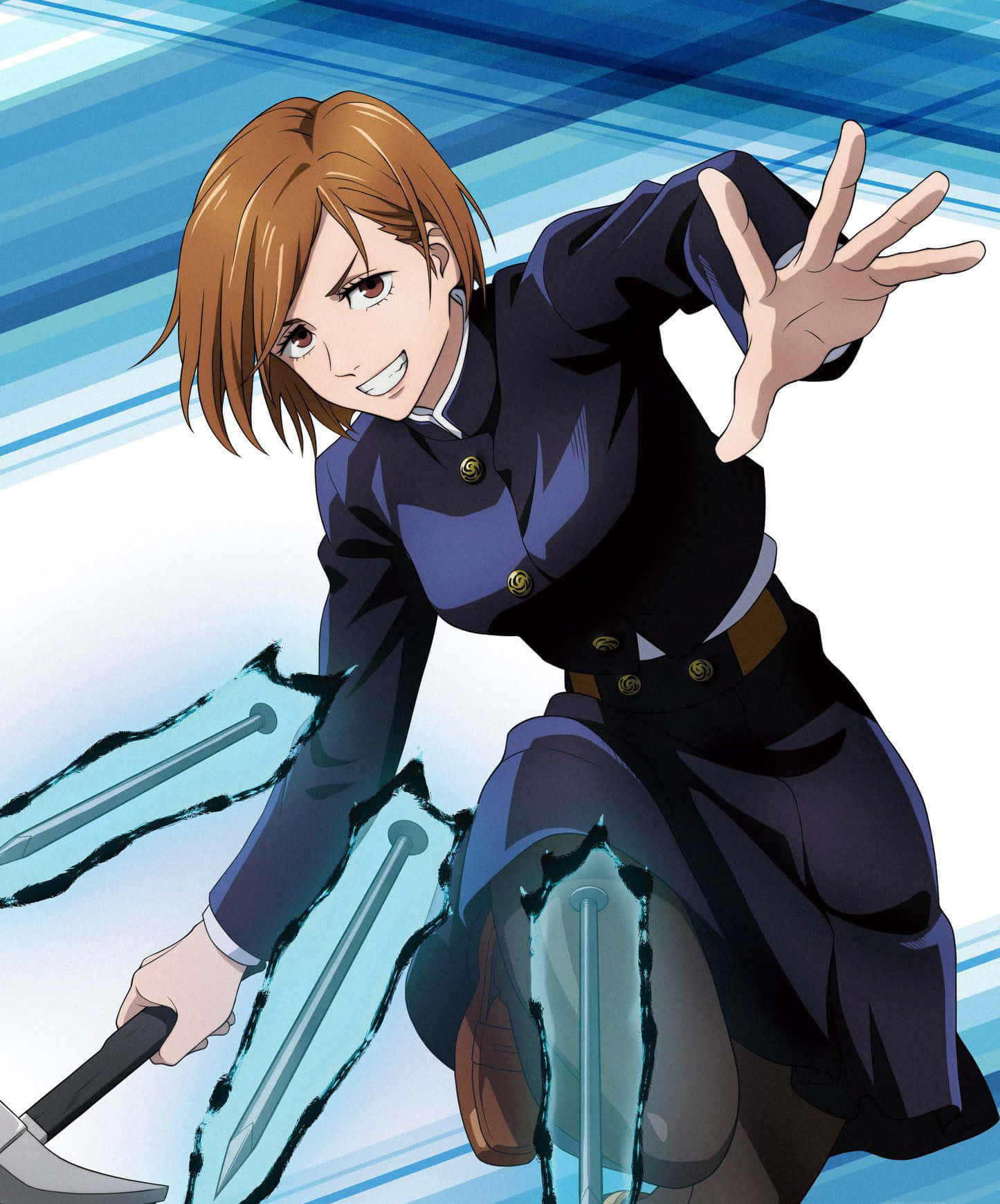 Nobara Kugisaki, glowing blue blades, streaked blue background, HD Phone Wallpaper