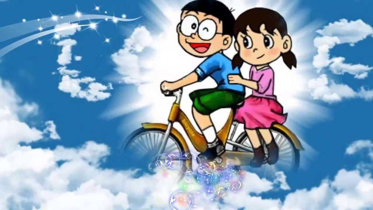 Nobita Shizuka HD, blue sky, bicycle, HD Desktop Wallpaper