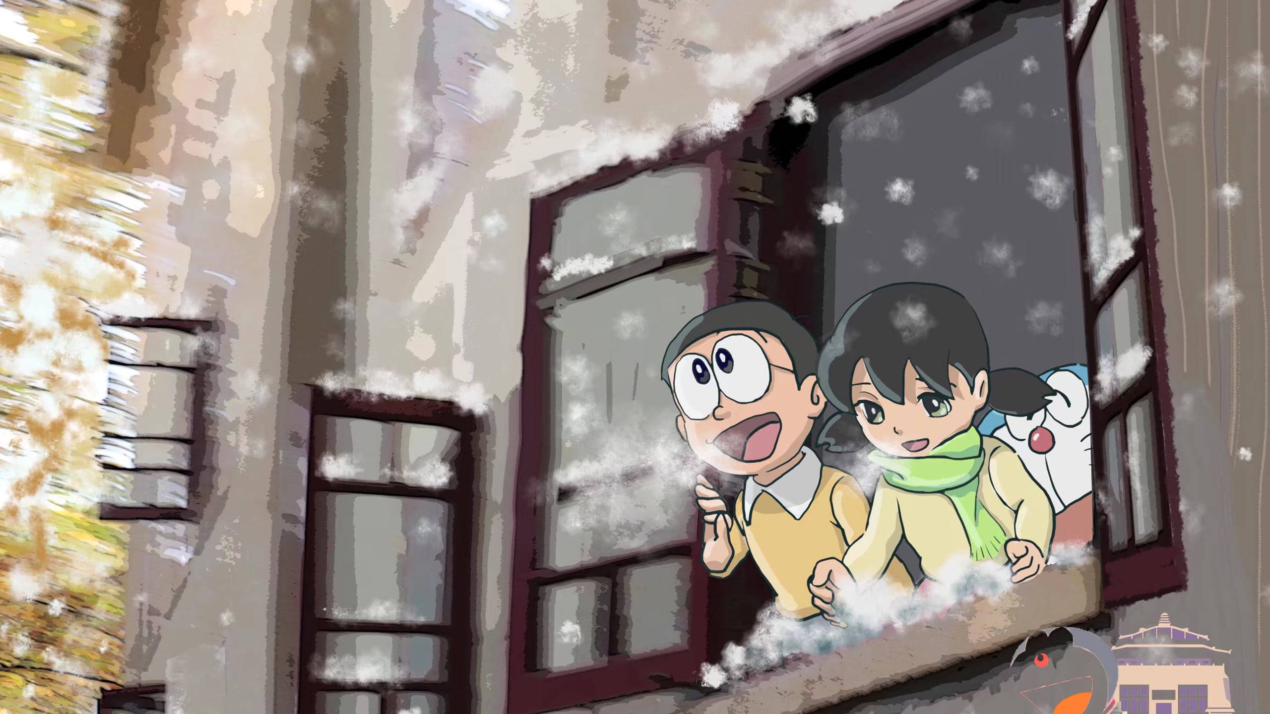 Nobita Shizuka HD, winter, snowy window, 2K Desktop Wallpaper
