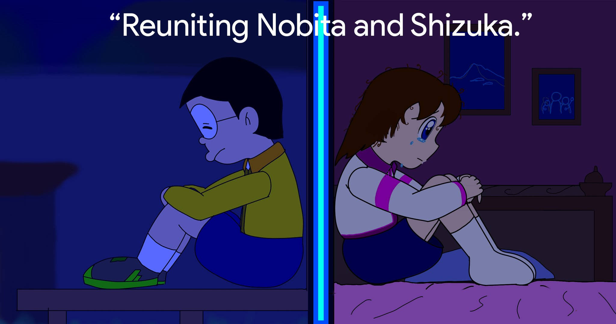Nobita, Shizuka, glowing blue line, Full HD Desktop Wallpaper
