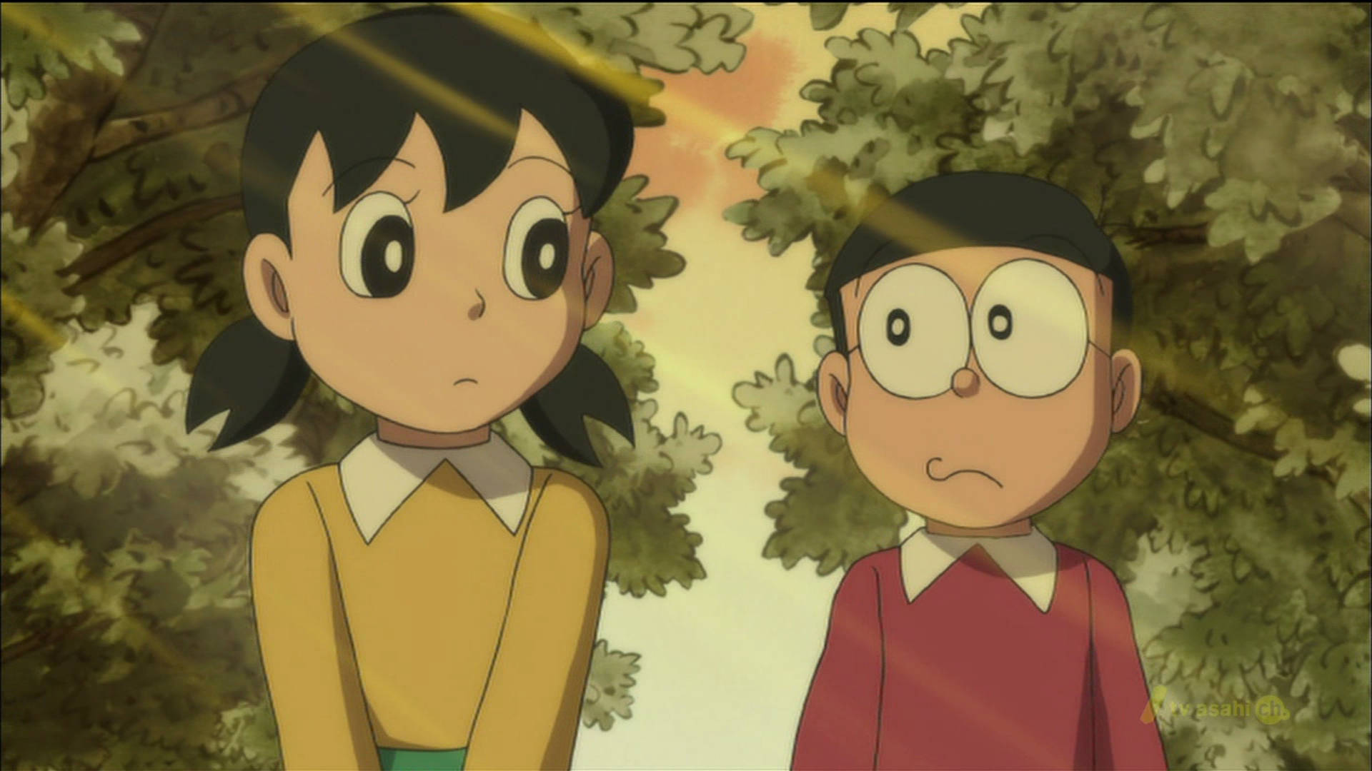 Nobita, Shizuka, sunlit forest, Full HD Desktop Wallpaper