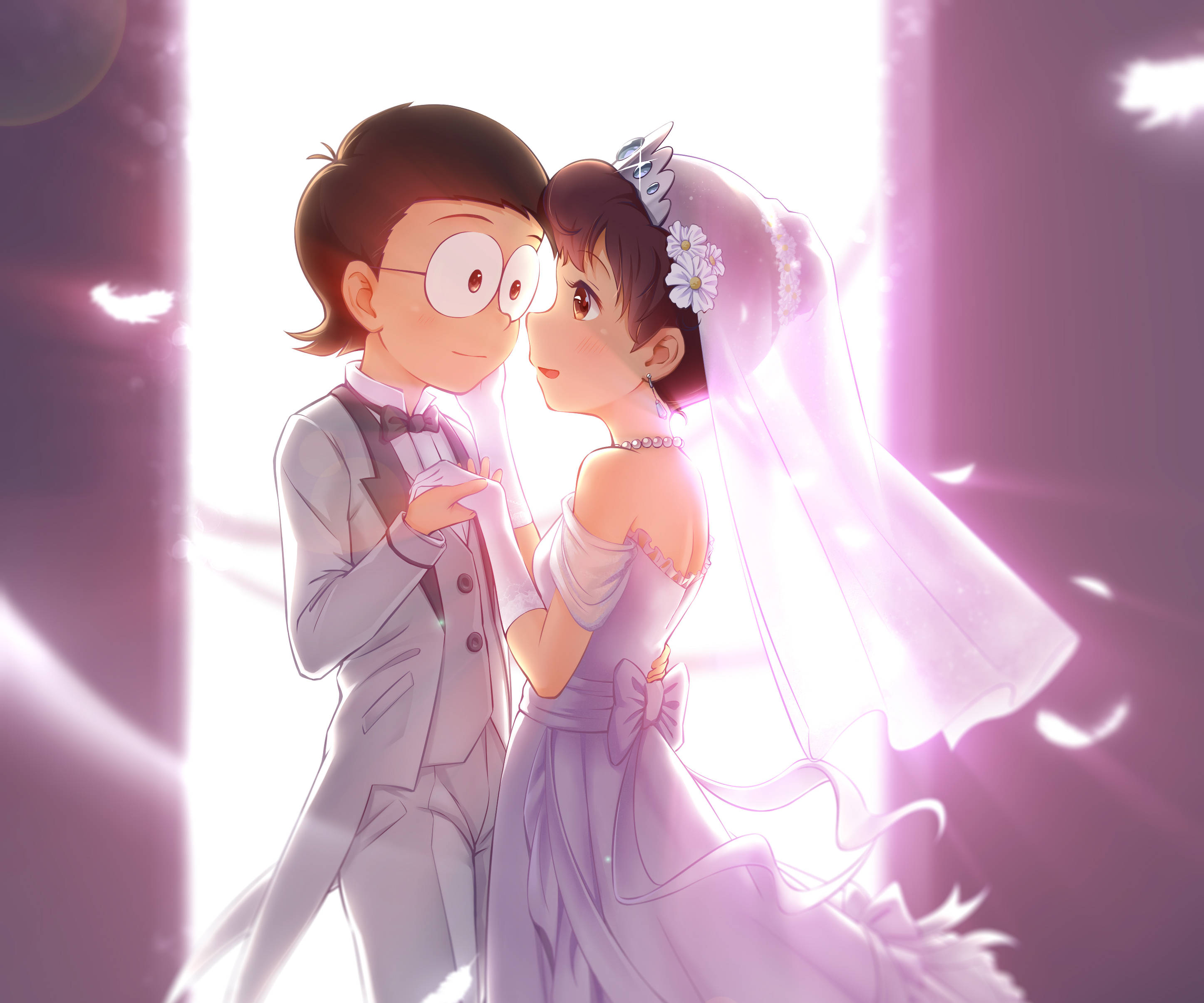 Nobita Shizuka HD, anime couple, wedding attire, 2K Desktop Wallpaper