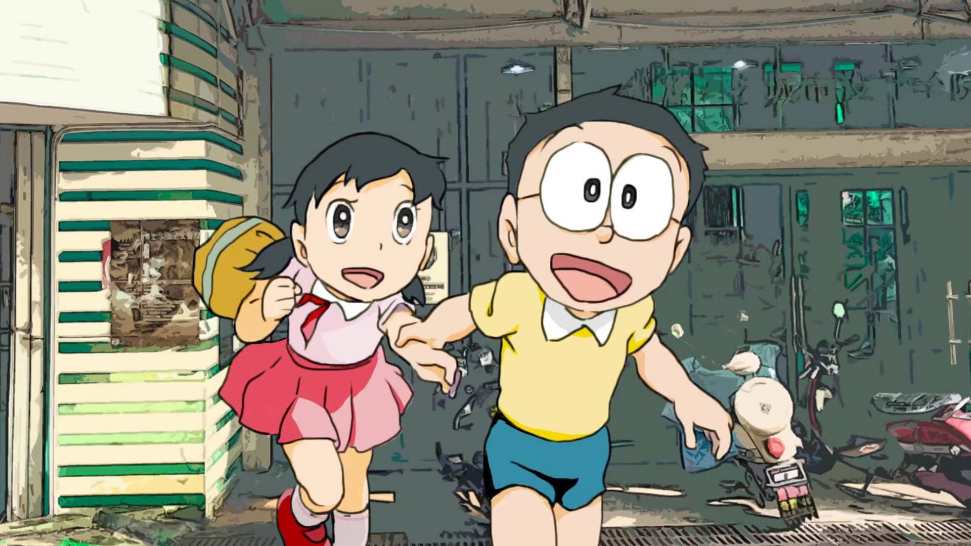 Nobita Shizuka HD, running streets, anime kids, Full HD Desktop Wallpaper