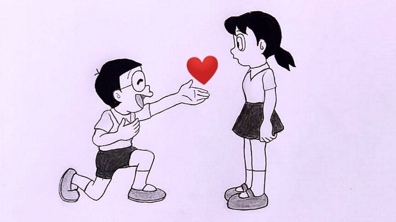 Nobita Shizuka HD, heart sketch, red heart, HD Desktop Wallpaper