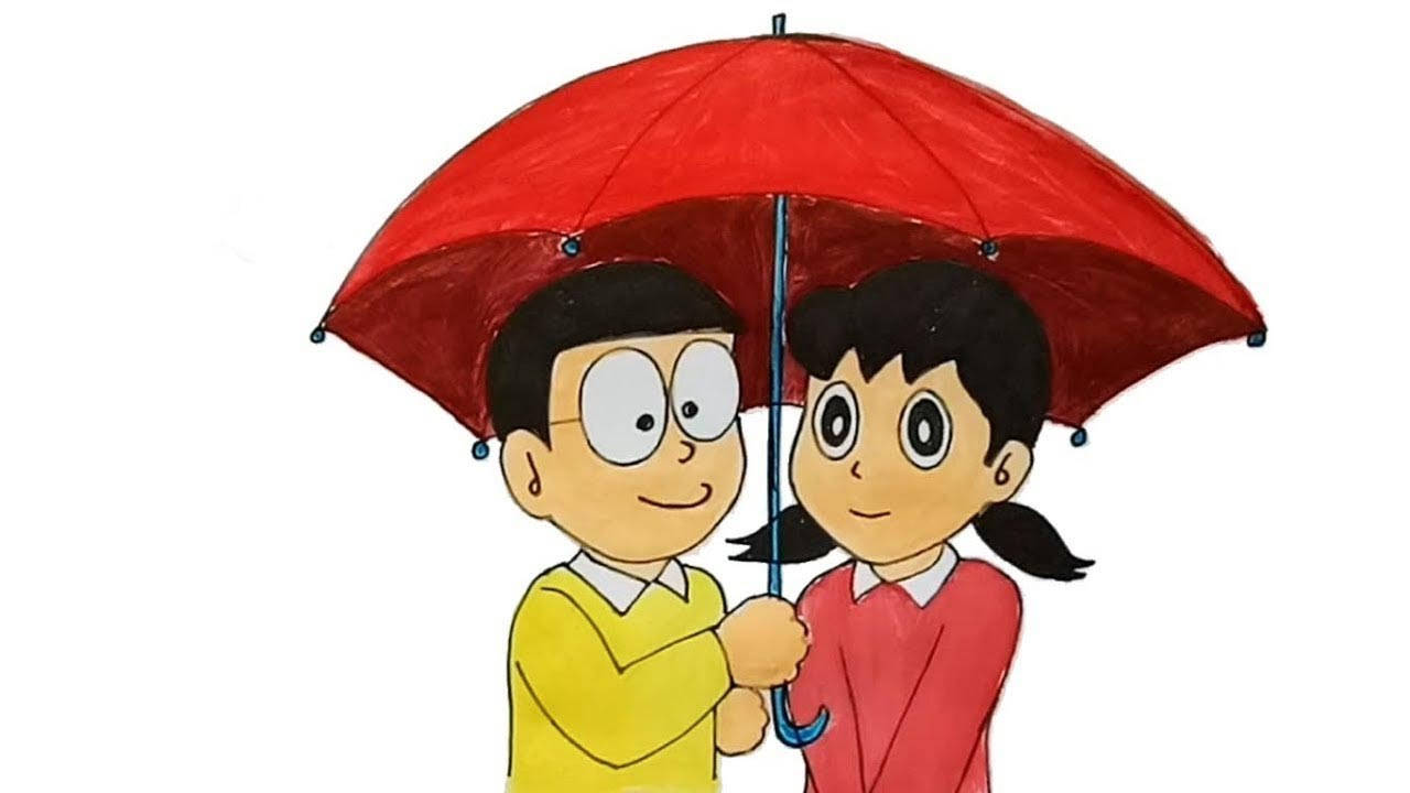 Nobita Shizuka HD, red umbrella, anime-style children, HD Desktop Wallpaper