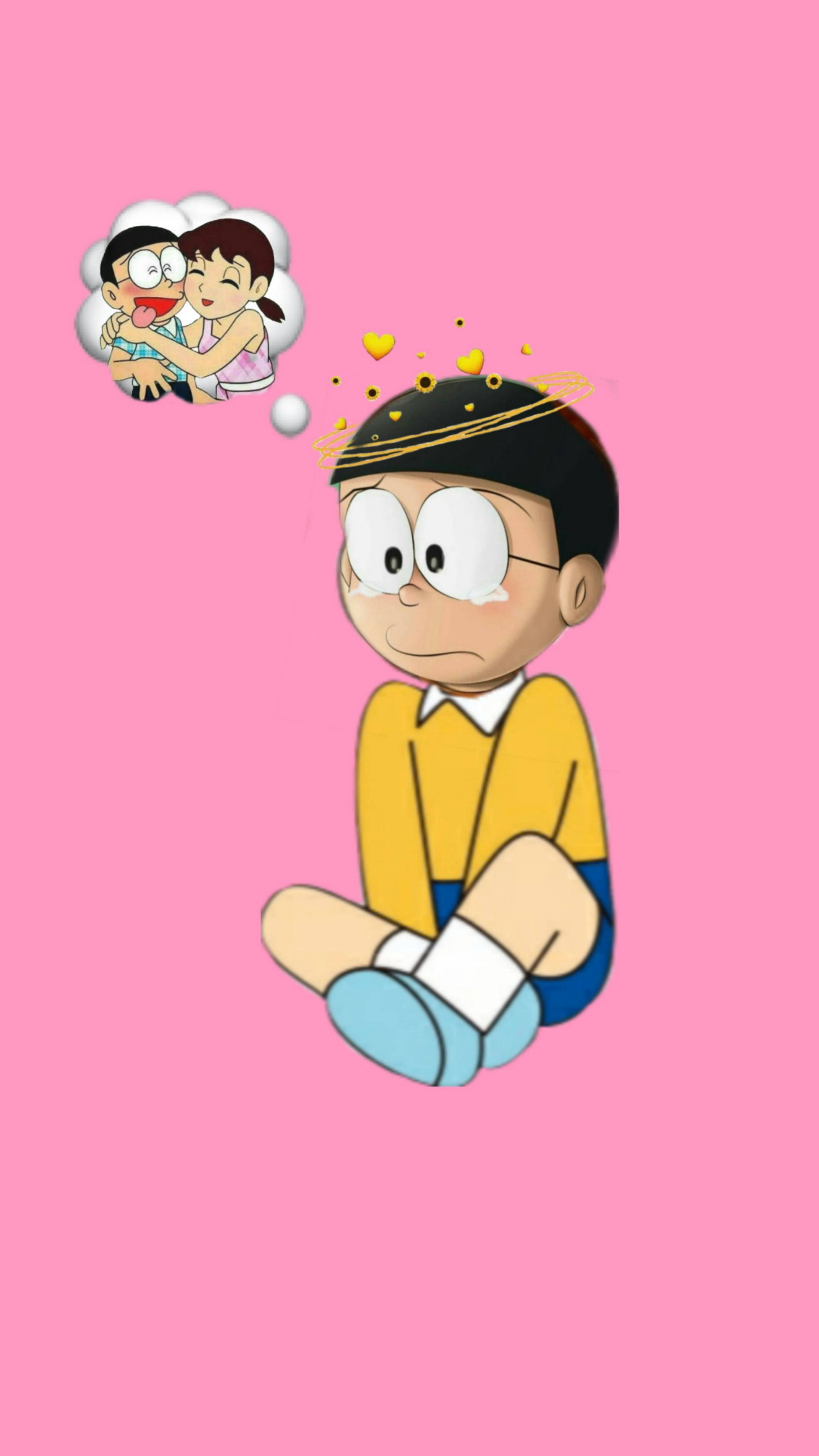 Nobita, Shizuka, pink backdrop, 2K Phone Wallpaper
