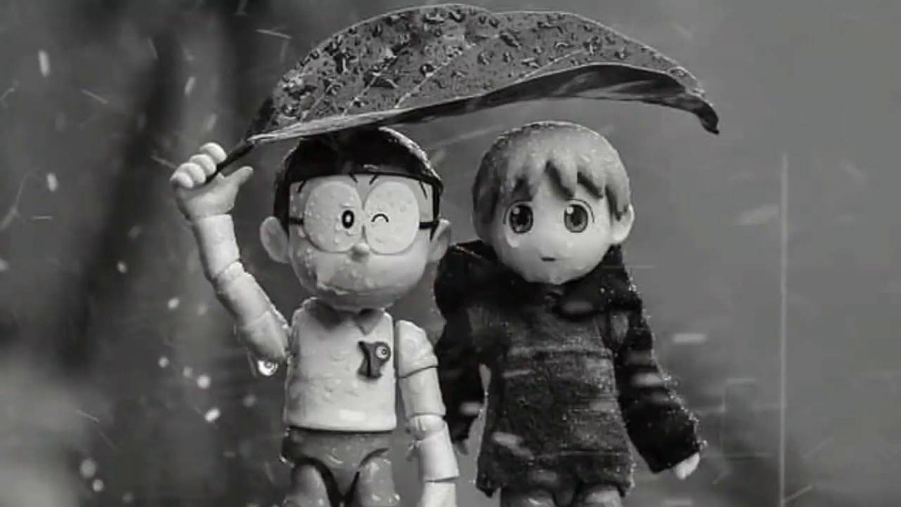 Nobita, Shizuka, monochrome rainstorm, HD Desktop Wallpaper