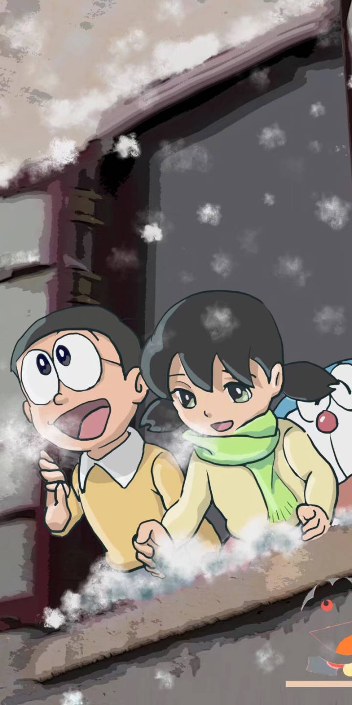 Nobita, Shizuka, snowy window, HD Phone Wallpaper