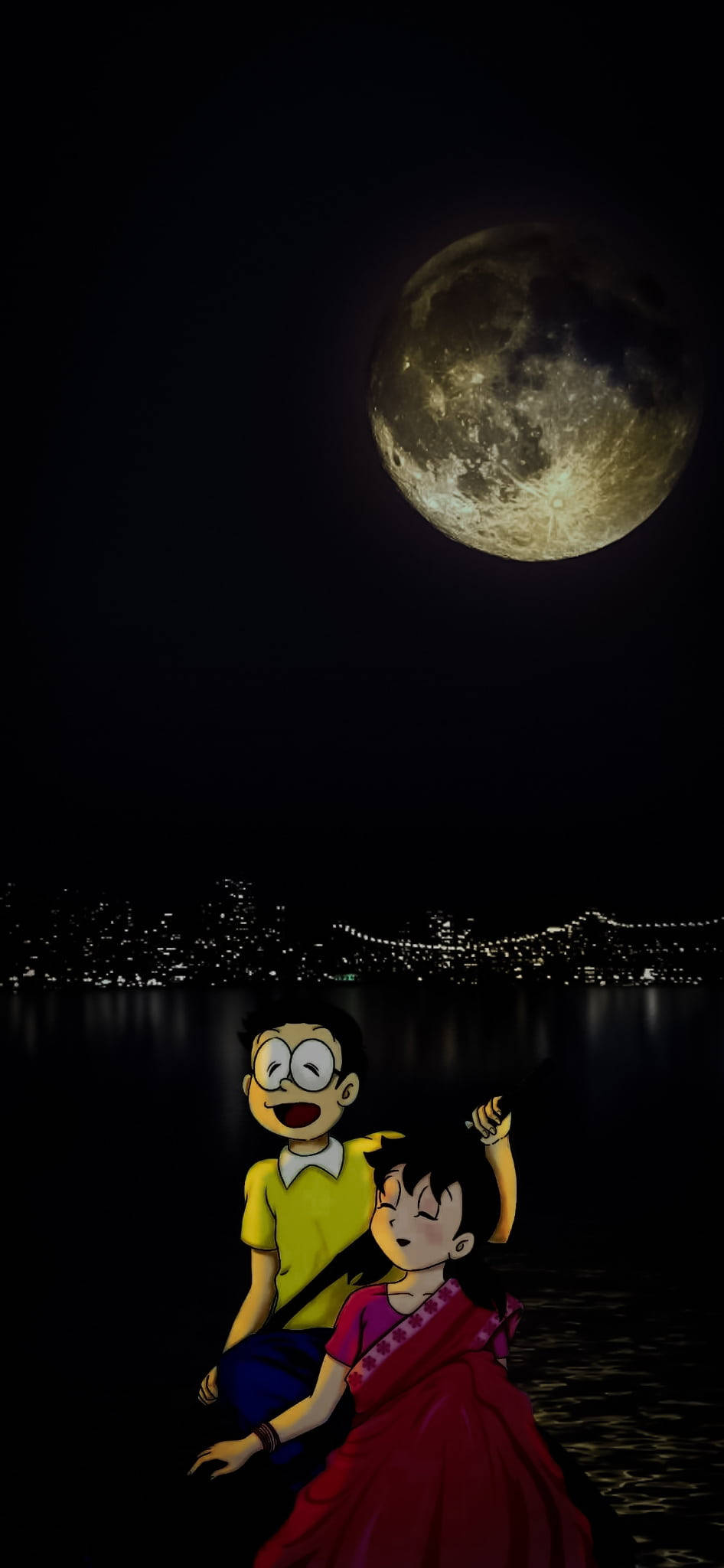 Nobita, Shizuka, moonlit waterfront, Full HD Phone Wallpaper