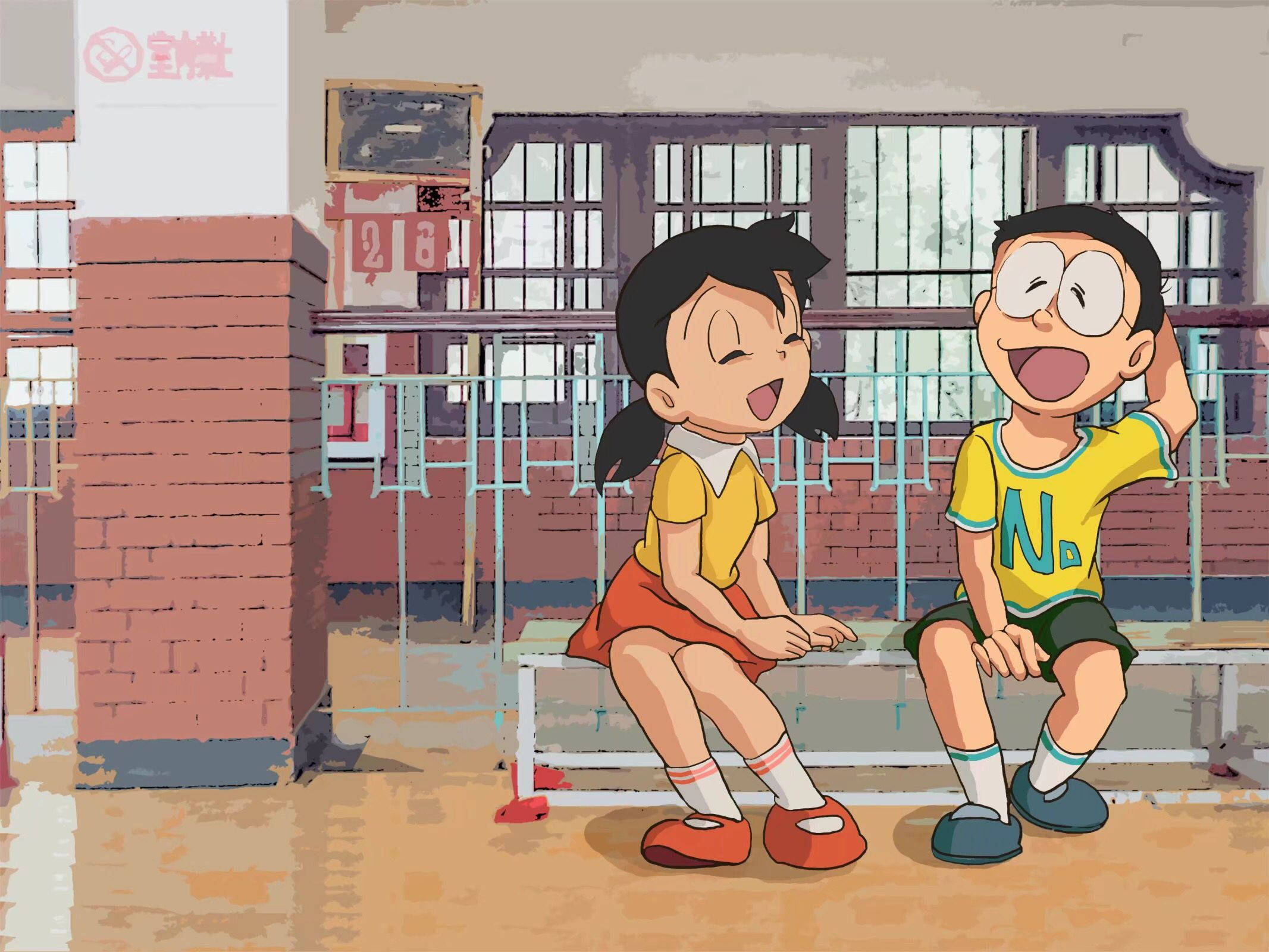 Nobita, Shizuka, school bench, Full HD Desktop Wallpaper