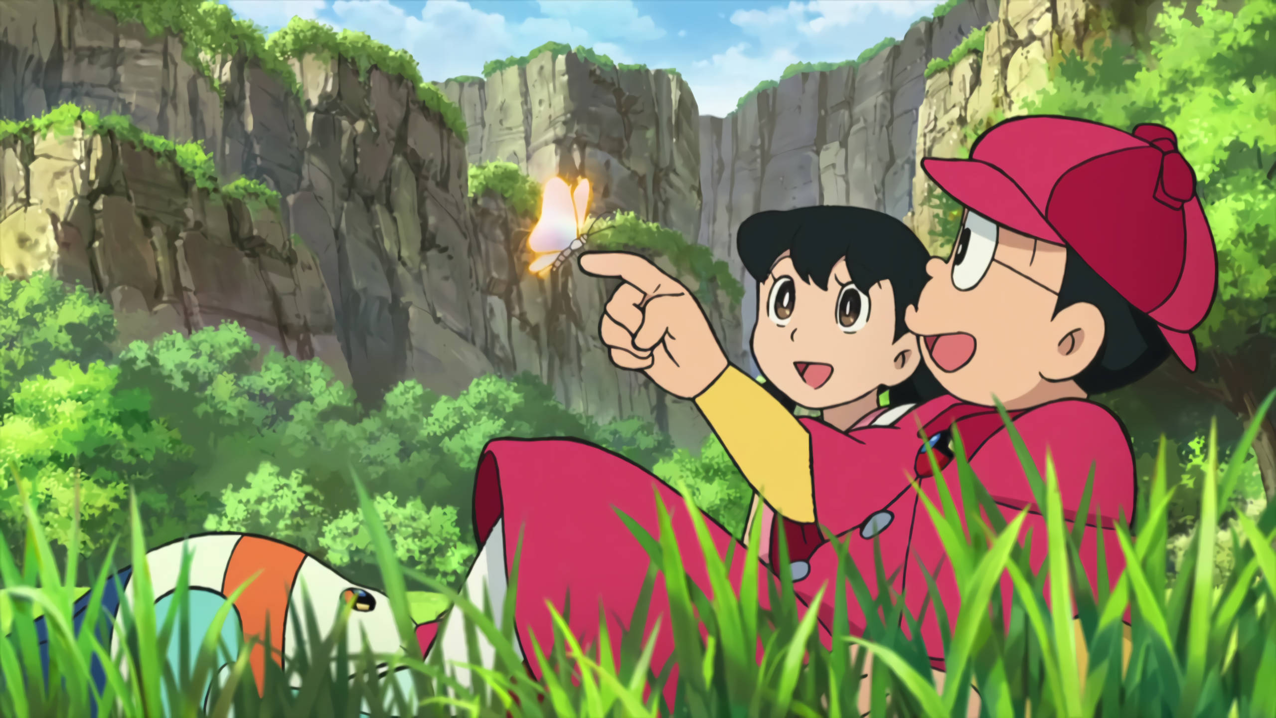 Nobita, Shizuka, glowing butterfly, 2K Desktop Wallpaper