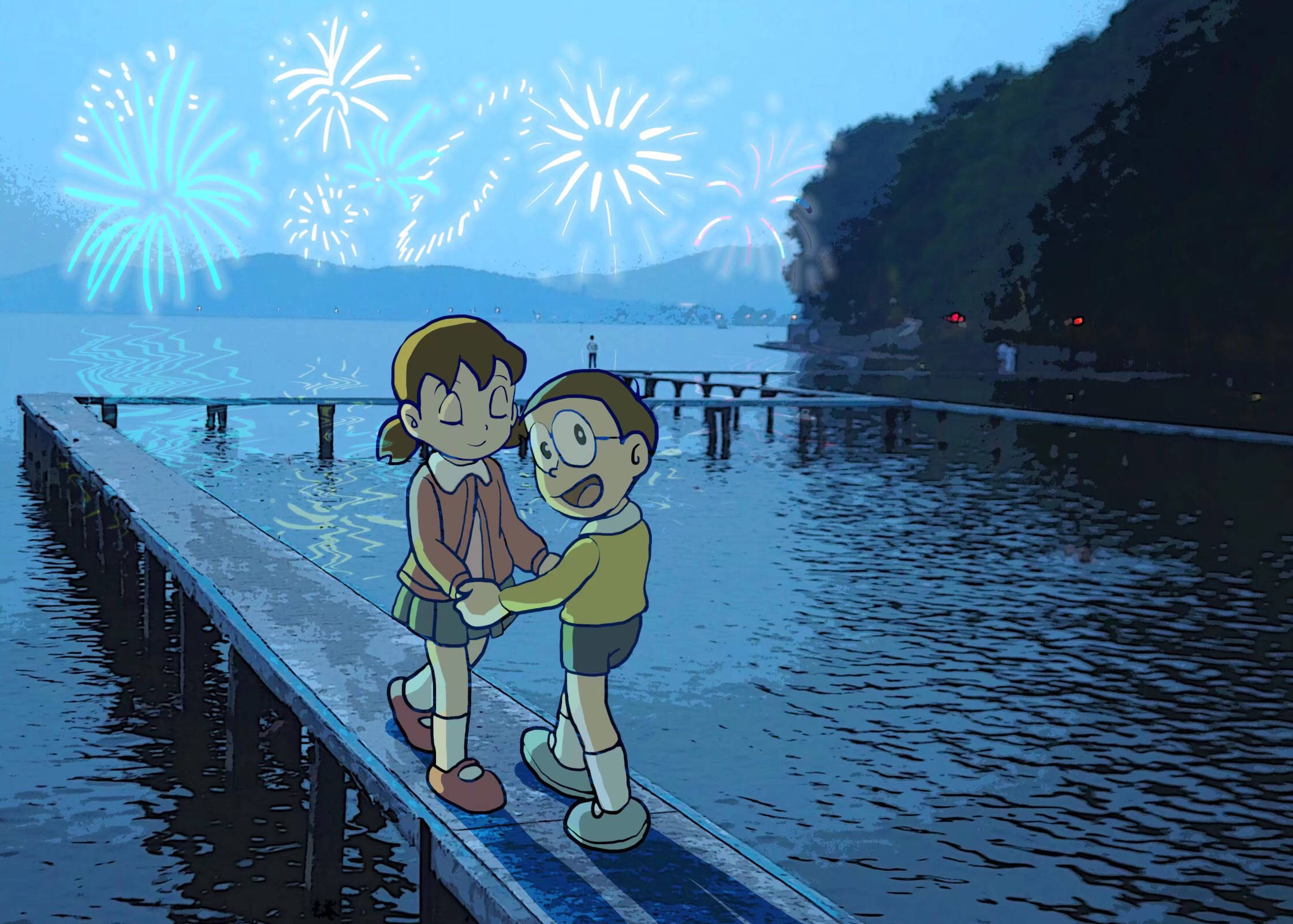 Nobita, Shizuka, wooden pier, Full HD Desktop Wallpaper