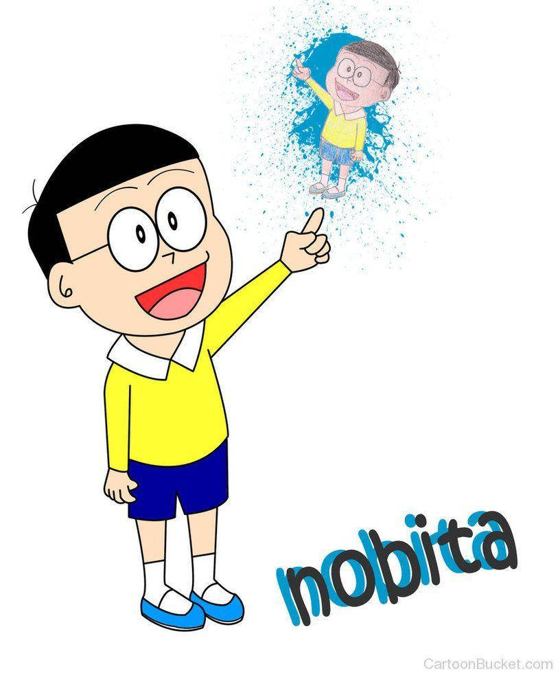 Nobita, yellow shirt, blue paint splatter, SD Phone Wallpaper