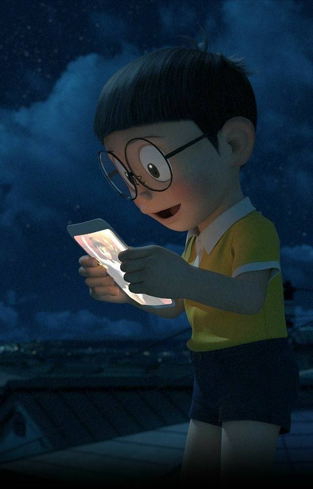 Nobita, glasses, glowing phone, SD Phone Wallpaper