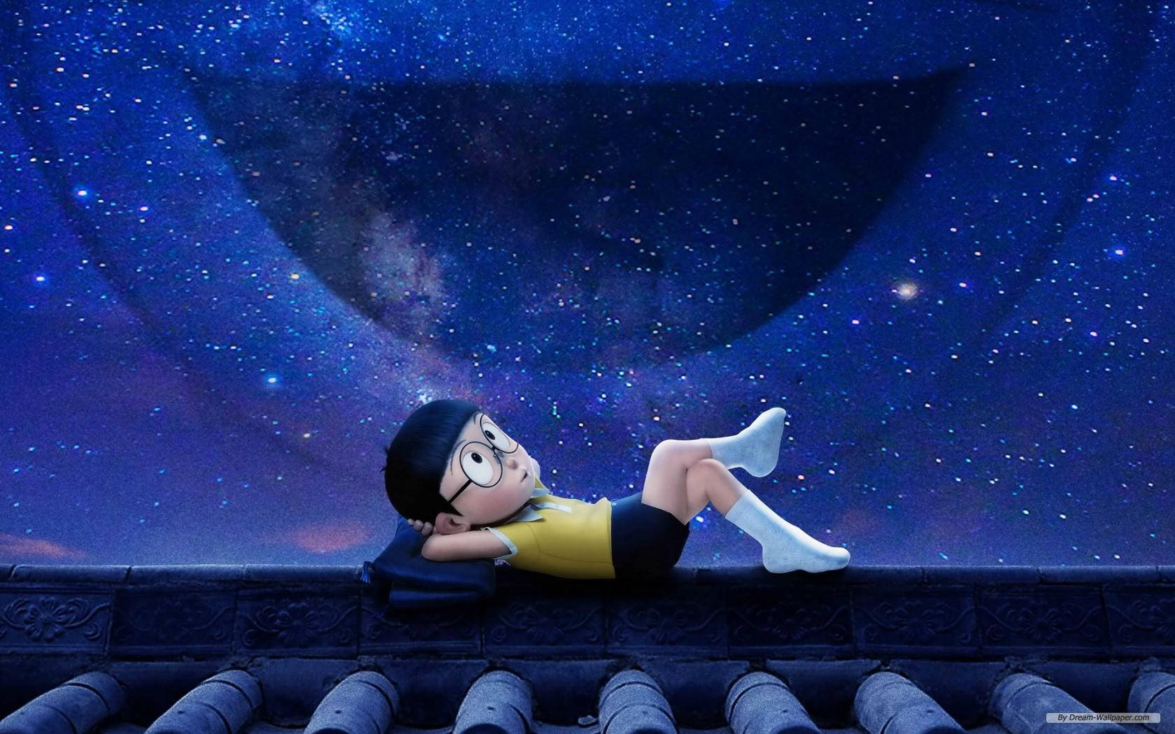 Nobita, tiled roof, starry night sky, HD Desktop Wallpaper