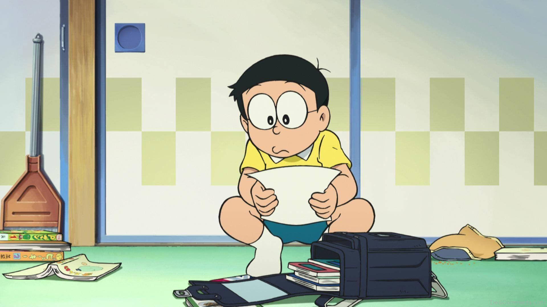 Nobita, yellow shirt, green floor, Full HD Desktop Wallpaper