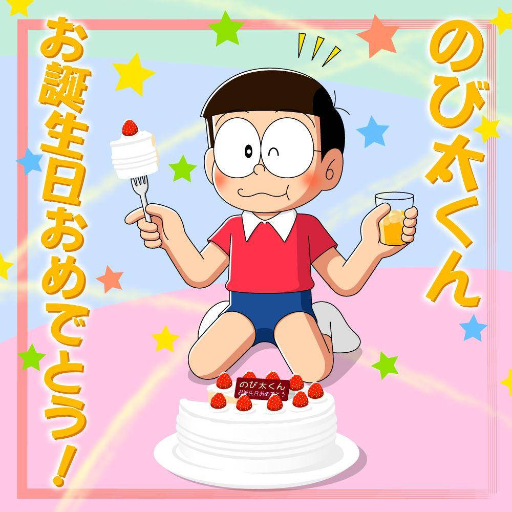 Nobita, strawberry cake, forkful, SD Desktop Wallpaper