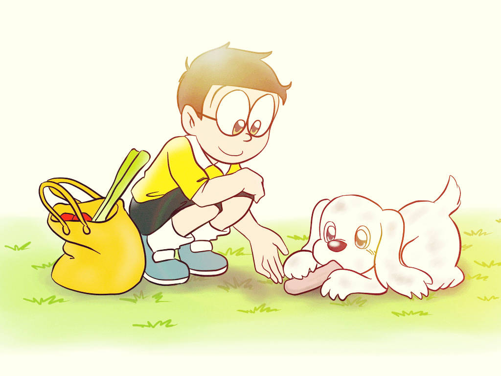 Nobita, yellow shirt, white puppy, SD Desktop Wallpaper