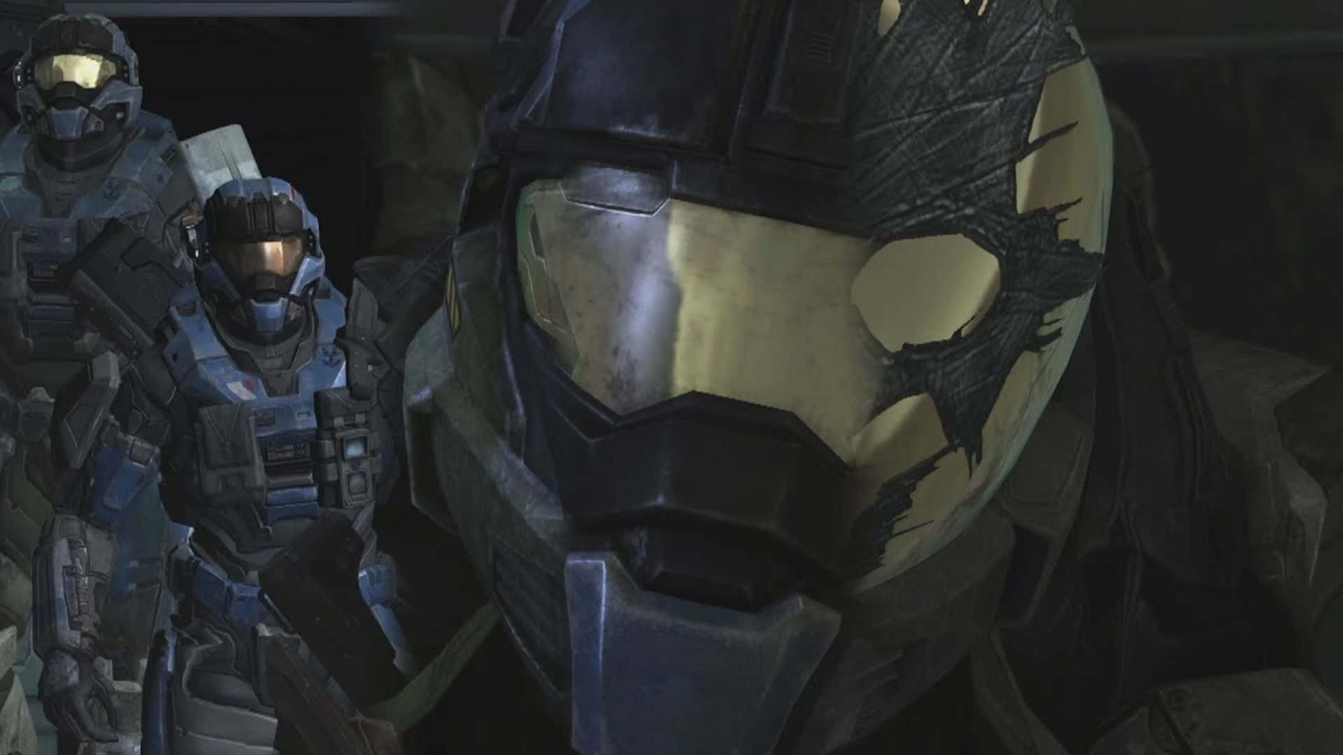 Noble Six, gold and black Spartan helmet, blue armor, Full HD Desktop Wallpaper