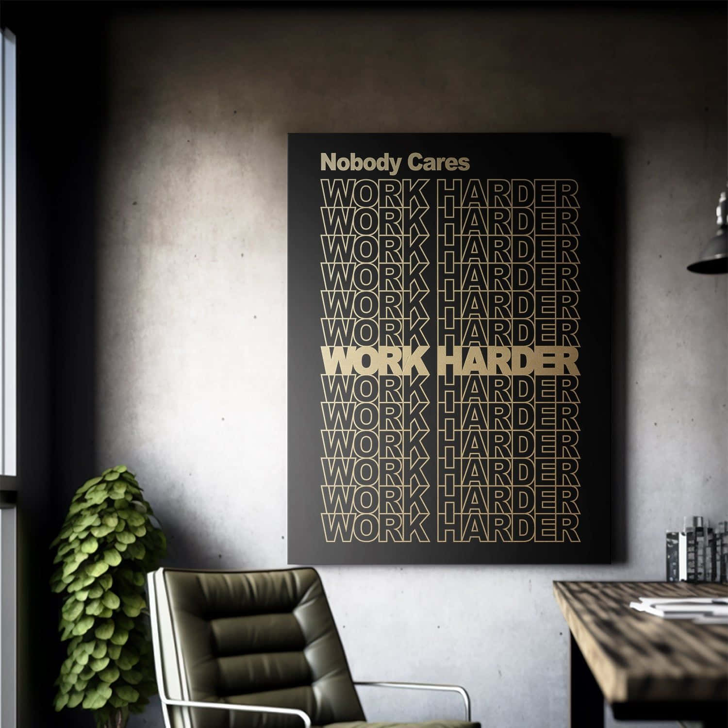 Nobody Cares Work Harder, gold on black, leather chair, HD Desktop Wallpaper