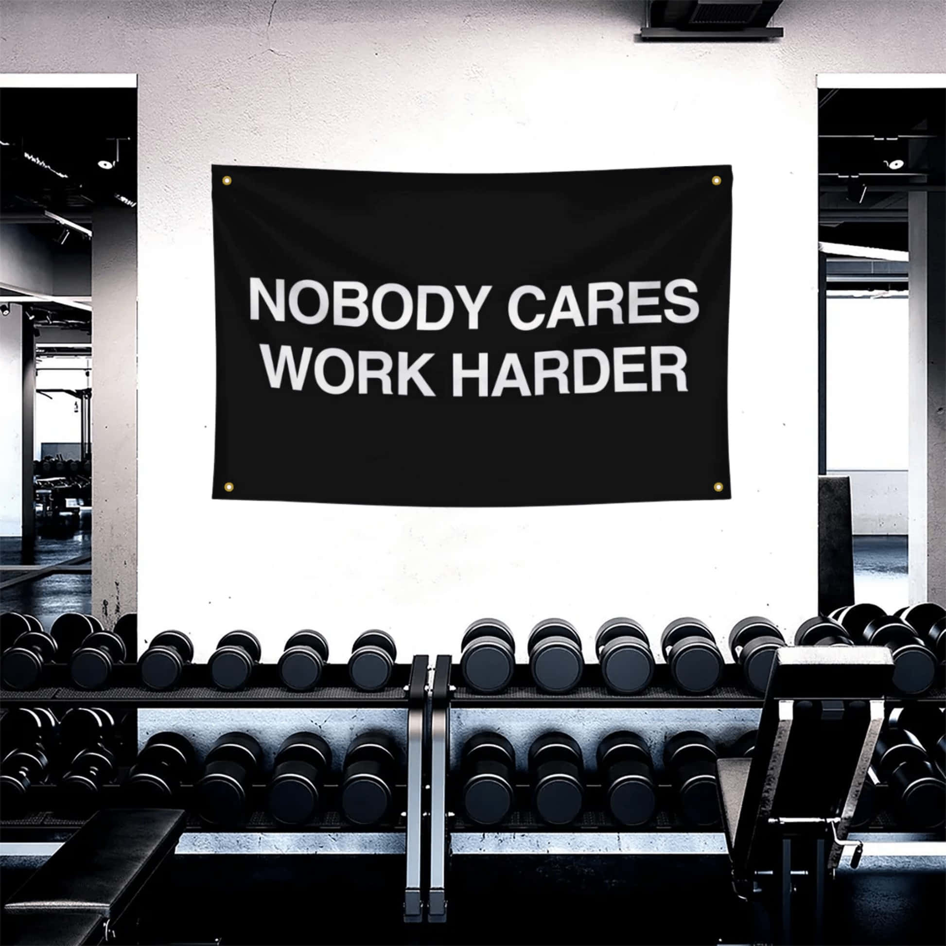nobody cares work harder, black banner, gym, Full HD Desktop Wallpaper