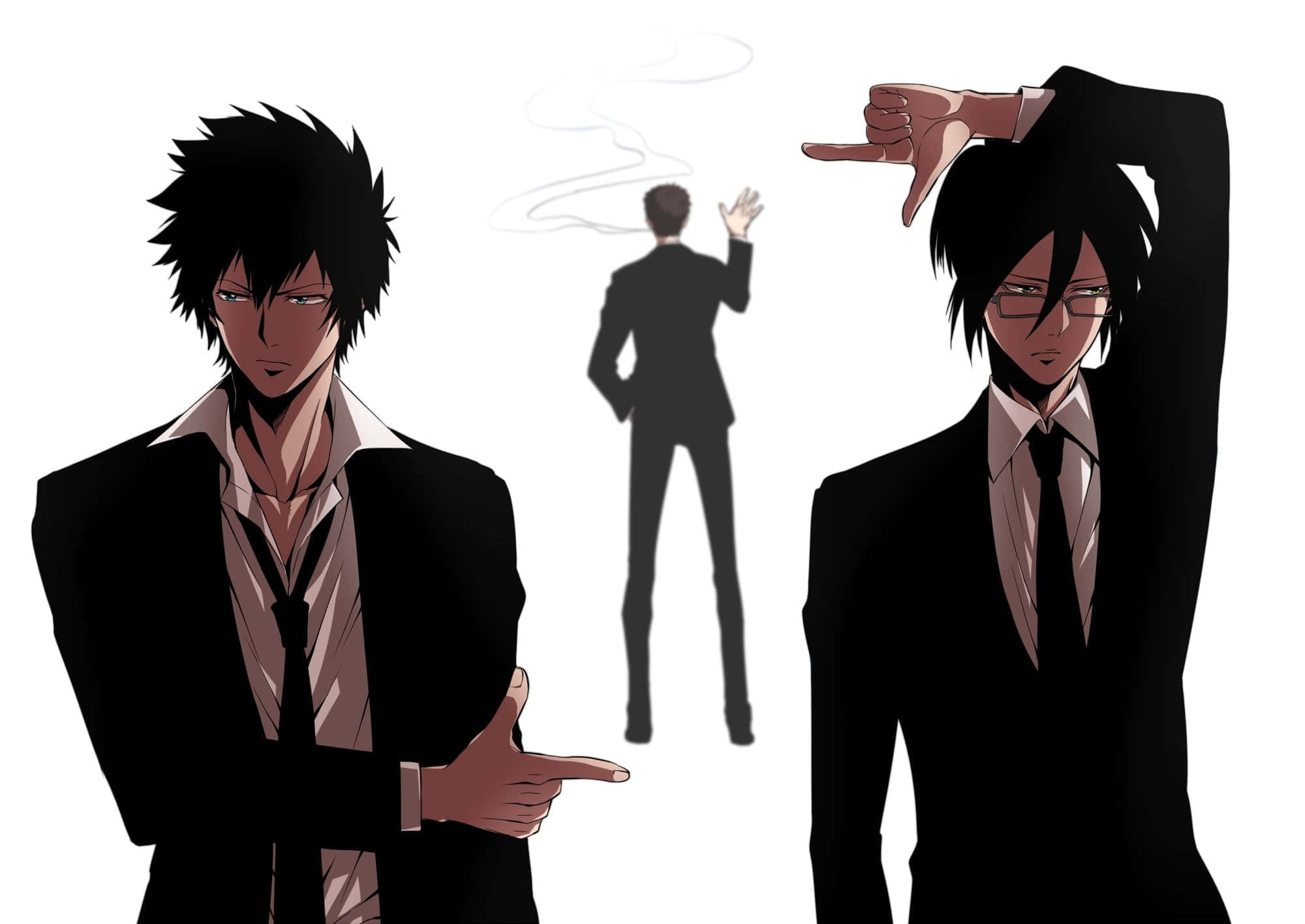 Nobuchika Ginoza, anime men in suits, shadowy figure emitting smoke, Full HD Desktop Wallpaper