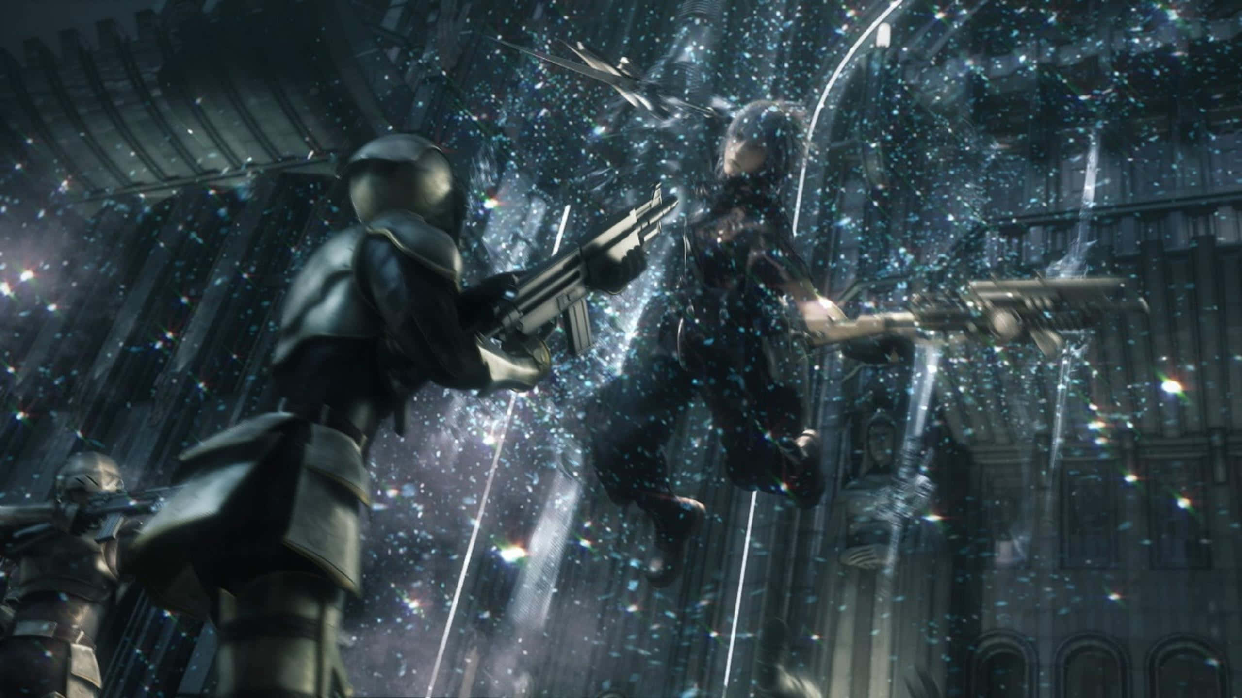 Noctis Lucis Caelum, battle stance, rain-slicked futuristic cityscape, 2K Desktop Wallpaper