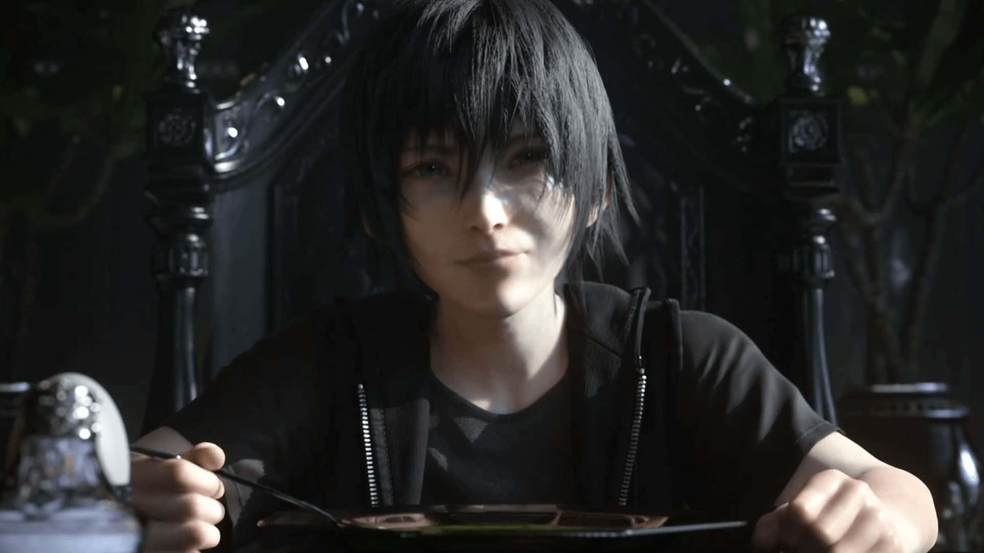 Noctis Lucis Caelum, black hair, dark ornate table, Full HD Desktop Wallpaper