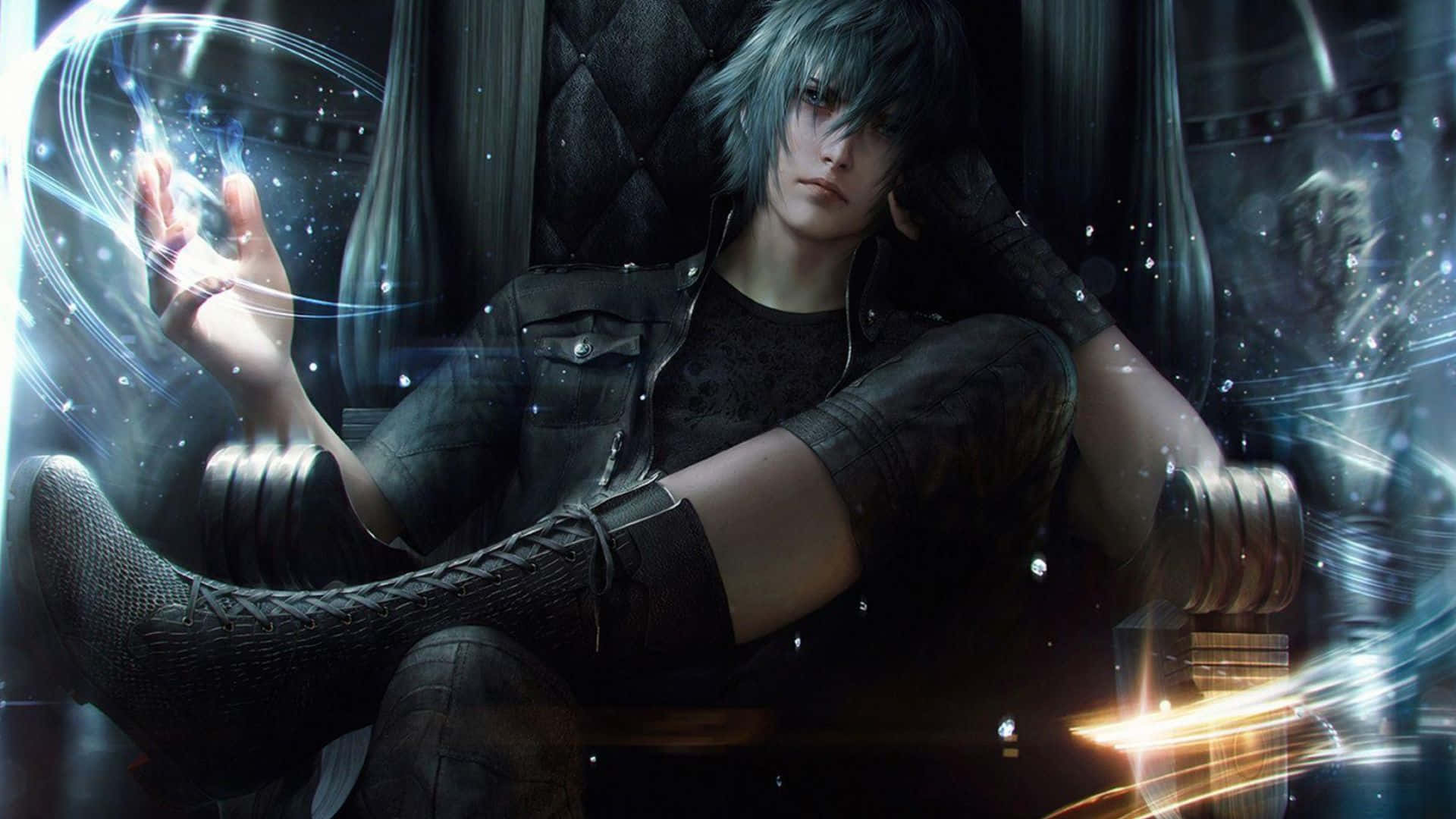 Noctis Lucis Caelum, silver-haired anime character, glowing blue energy, Full HD Desktop Wallpaper